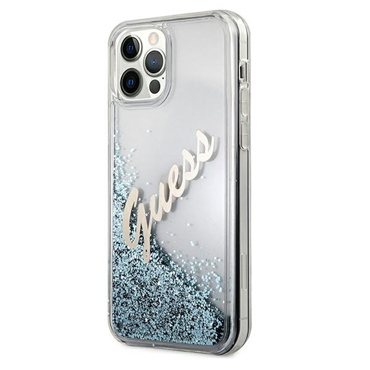 Custodia trasparente per telefono con glitter blu e la parola "Guess" in argento, su sfondo bianco.