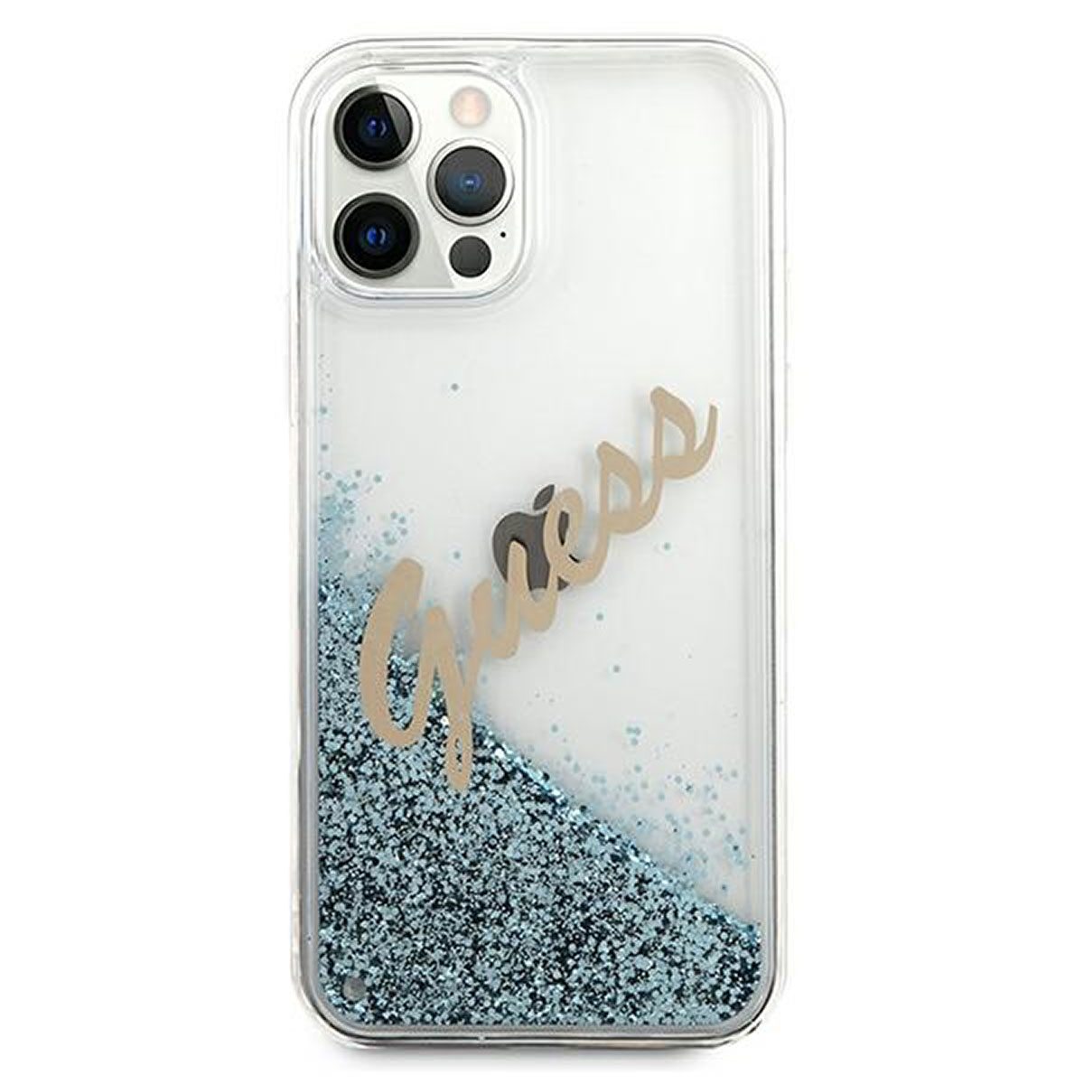 Custodia trasparente per telefono con glitter blu e scritta "Guess". Fotocamera e telefono visibili.