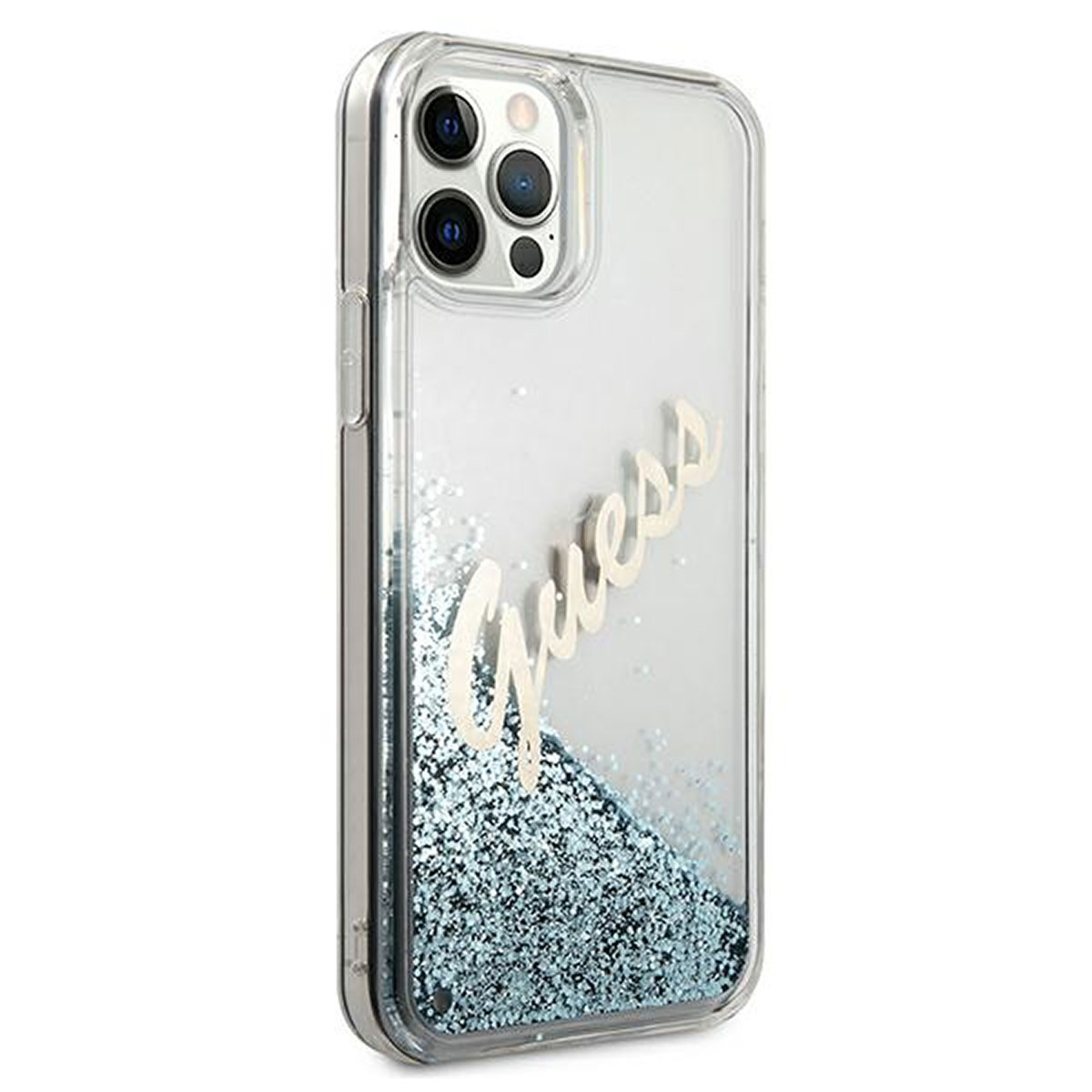 Custodia trasparente per telefono con glitter blu e la scritta 'Guess' in oro. Telefono all'interno.