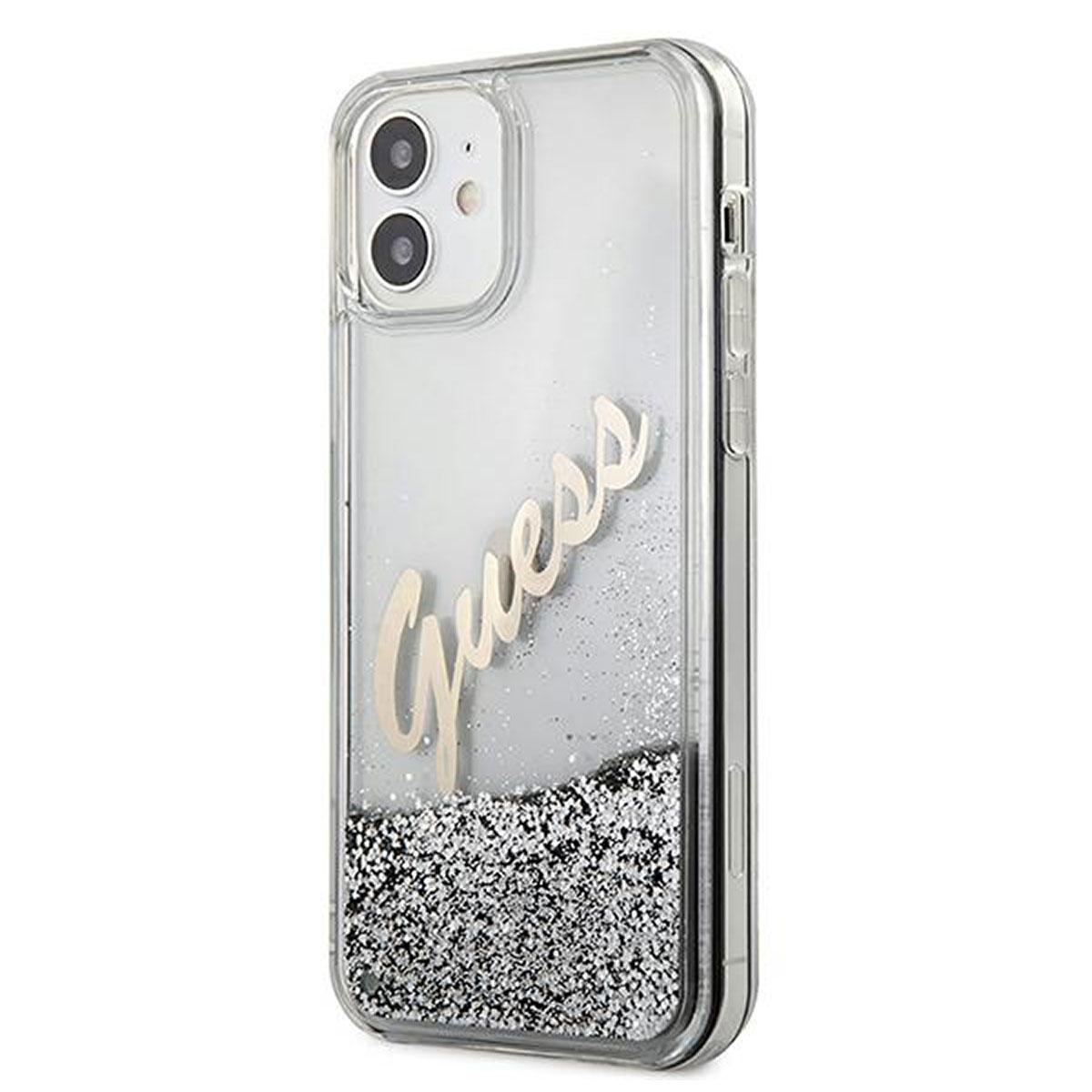 Una custodia per telefono con logo Guess e glitter. Custodia trasparente con glitter argento e logo oro.