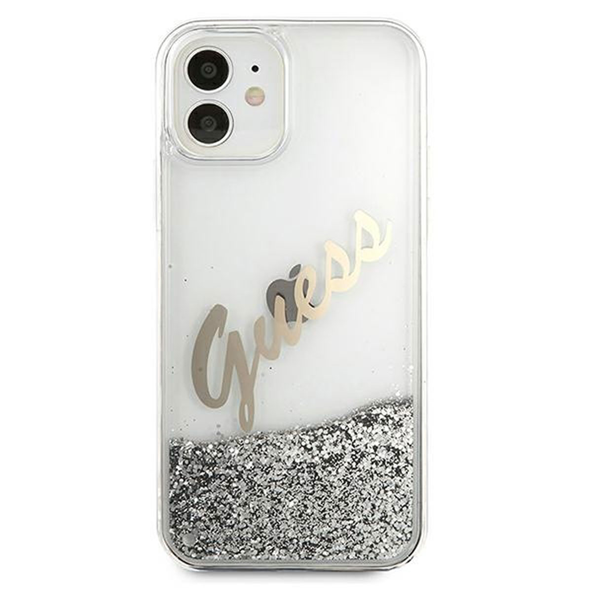 Custodia trasparente per telefono con la scritta "Guess" e glitter nella metà inferiore.