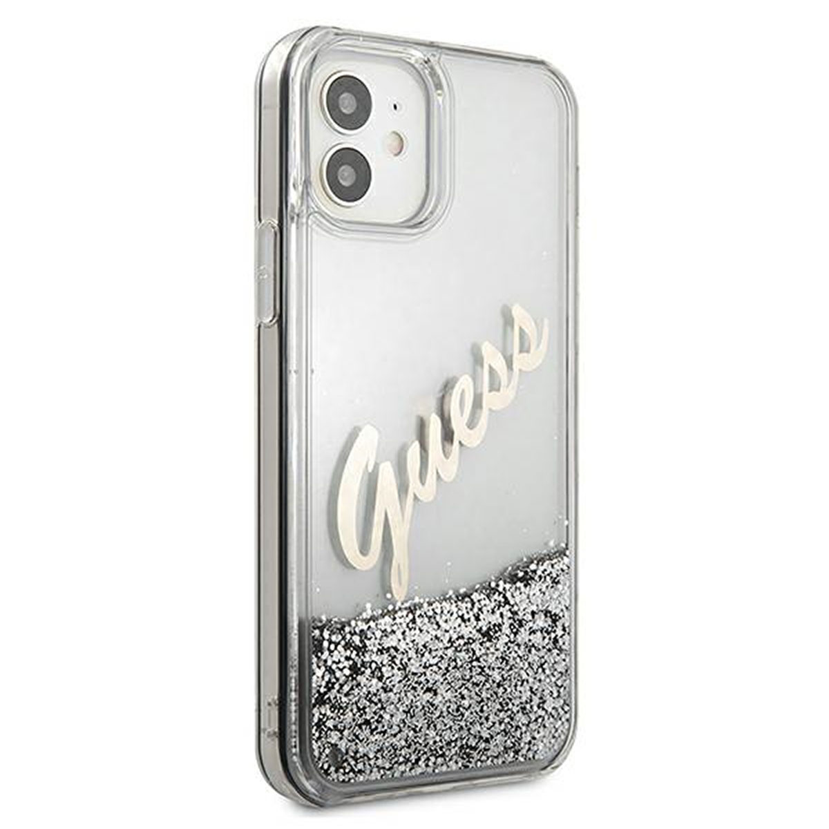 Una custodia trasparente per telefono con glitter argento e la scritta 'Guess'.