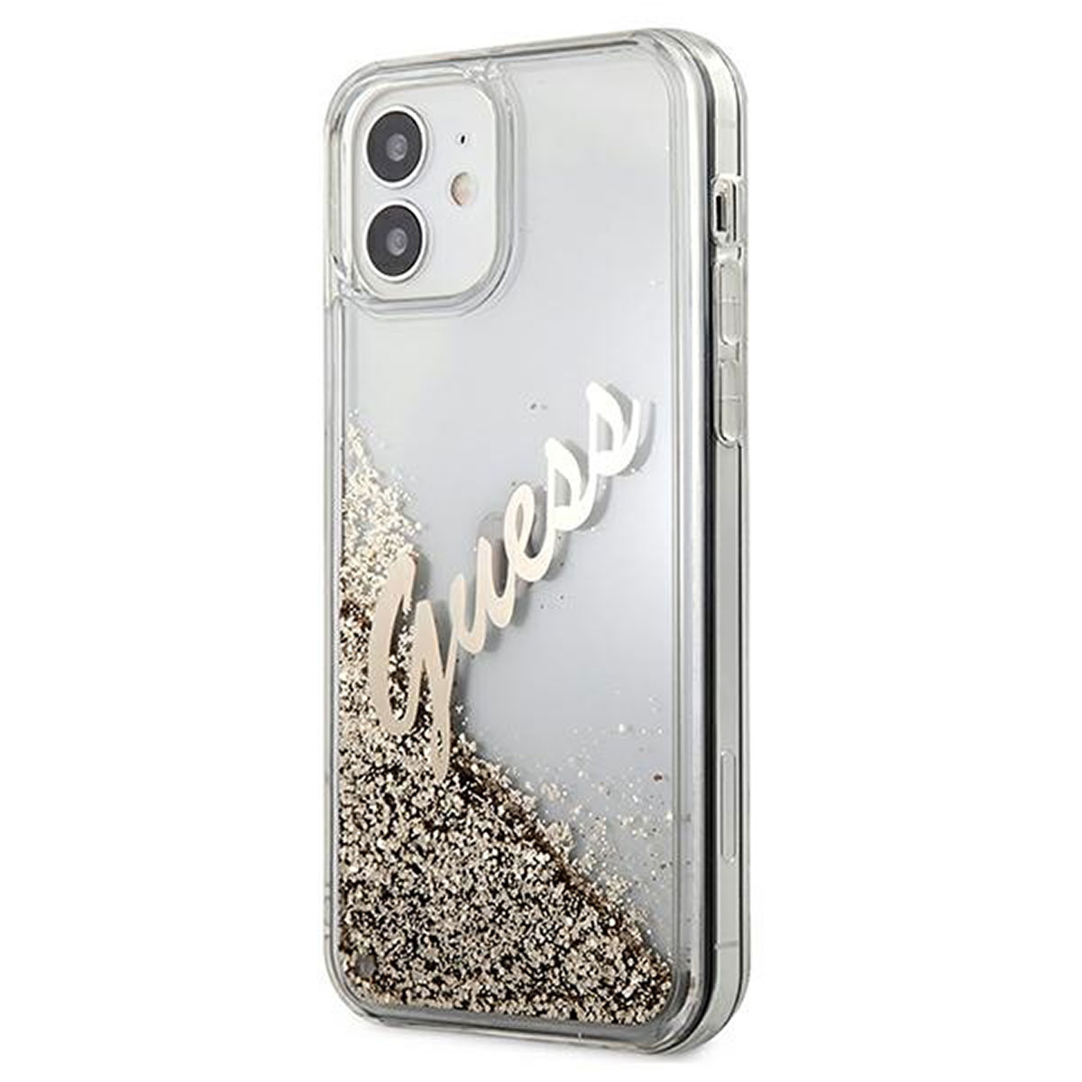 Custodia trasparente per telefono con glitter dorati e logo 'Guess'.