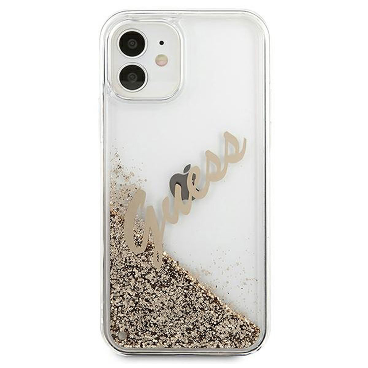 Custodia trasparente con glitter dorati, scritta 'Guess' e telefono.
