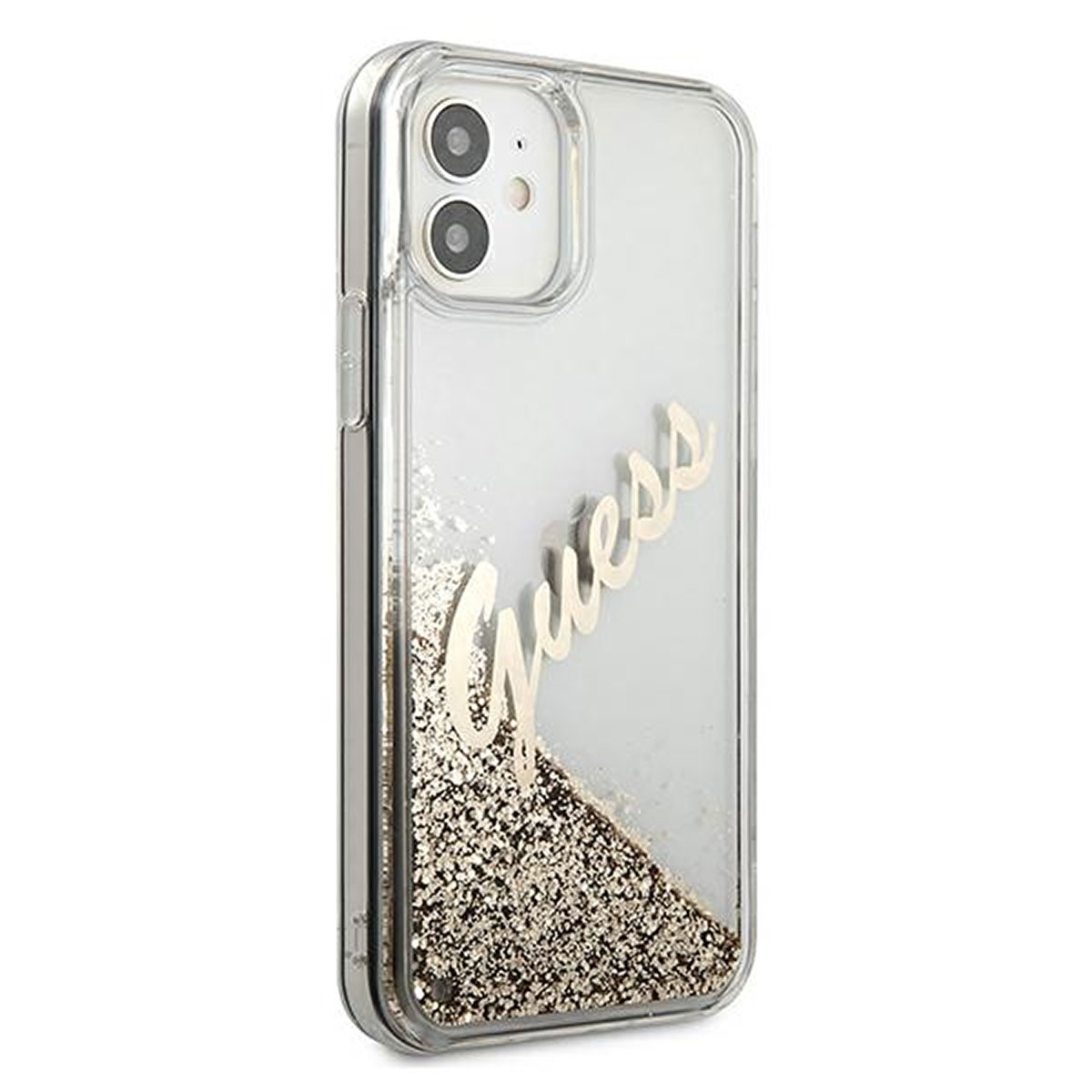 Custodia trasparente per telefono con glitter dorati e la scritta 'Guess'. Su superficie bianca.