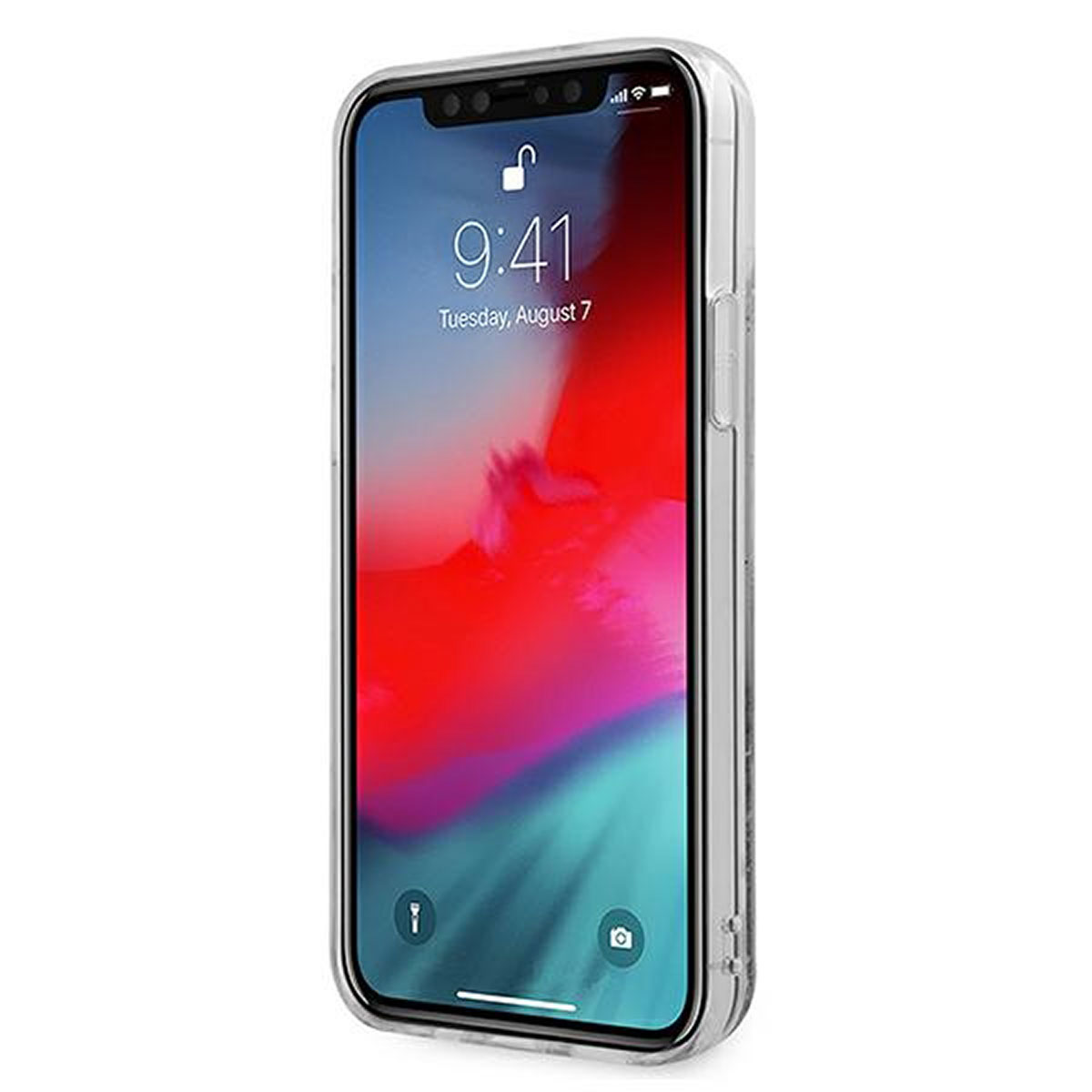 iPhone con custodia trasparente. Lo schermo mostra l'ora e lo sfondo.