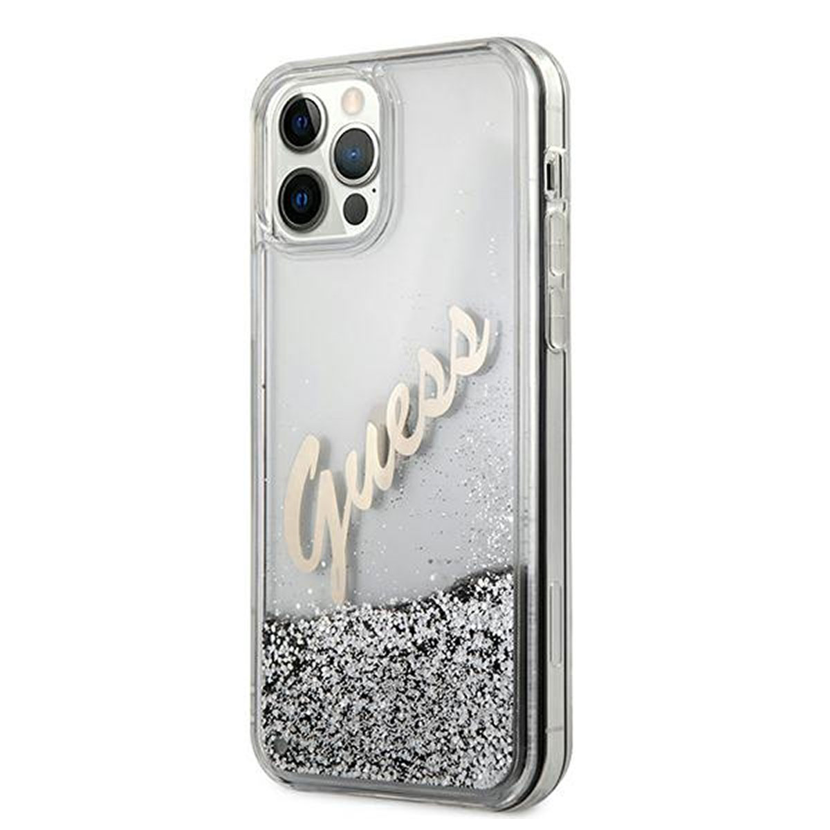 Custodia trasparente per telefono con logo Guess e glitter. Il telefono ha una fotocamera.