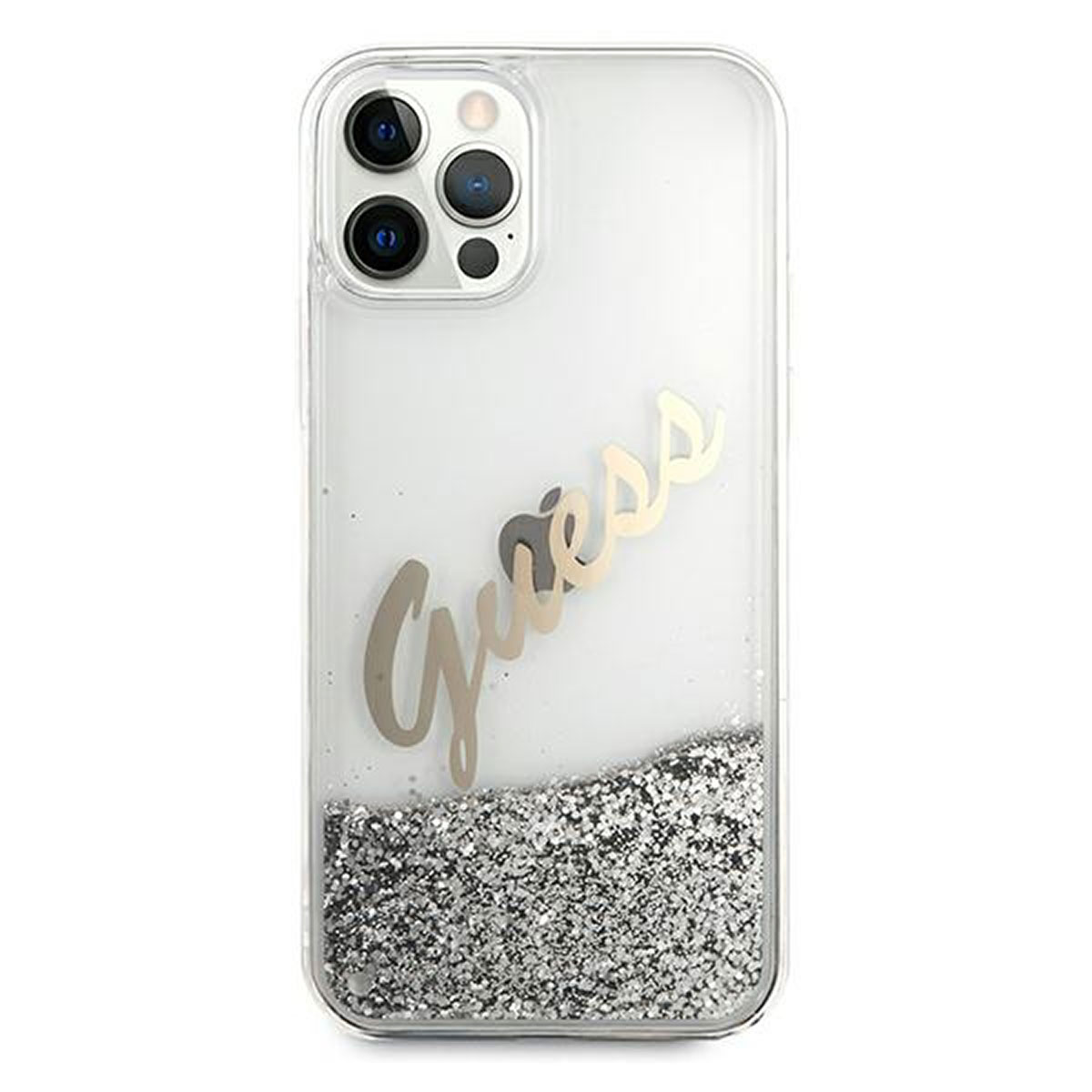 Custodia trasparente per telefono con logo Guess e glitter. Telefono visibile. Sfondo bianco.