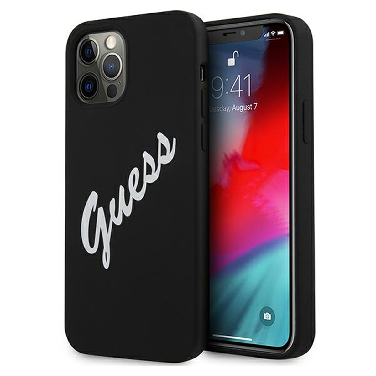 Schwarze Handyhülle mit weißem 'Guess'-Logo und Telefon mit Startbildschirm.