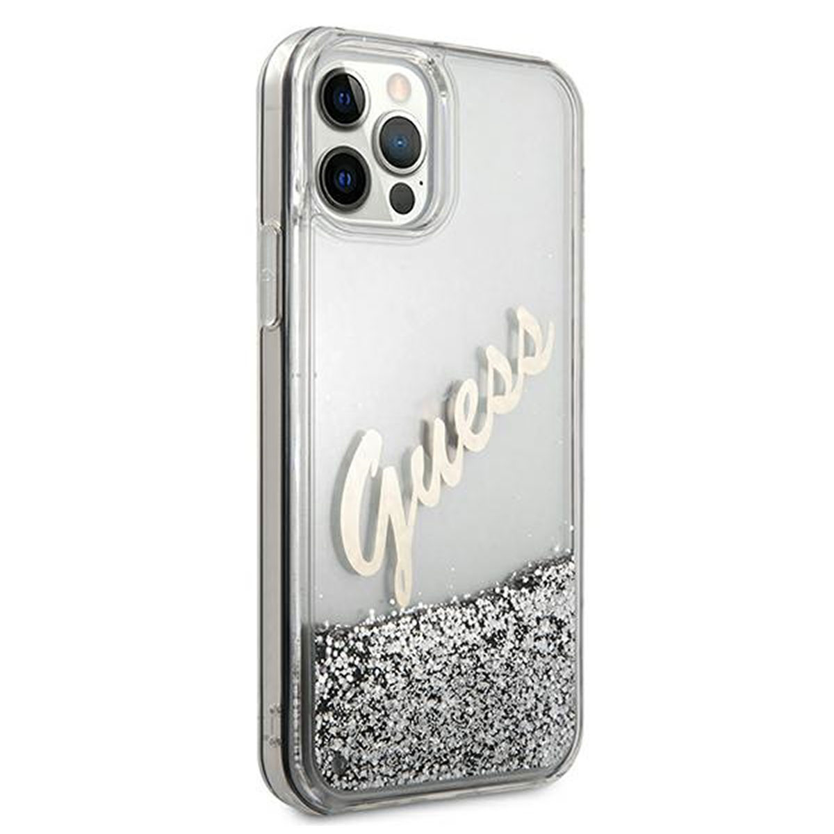 Una custodia trasparente per telefono con glitter in basso e la scritta 'Guess' al centro.
