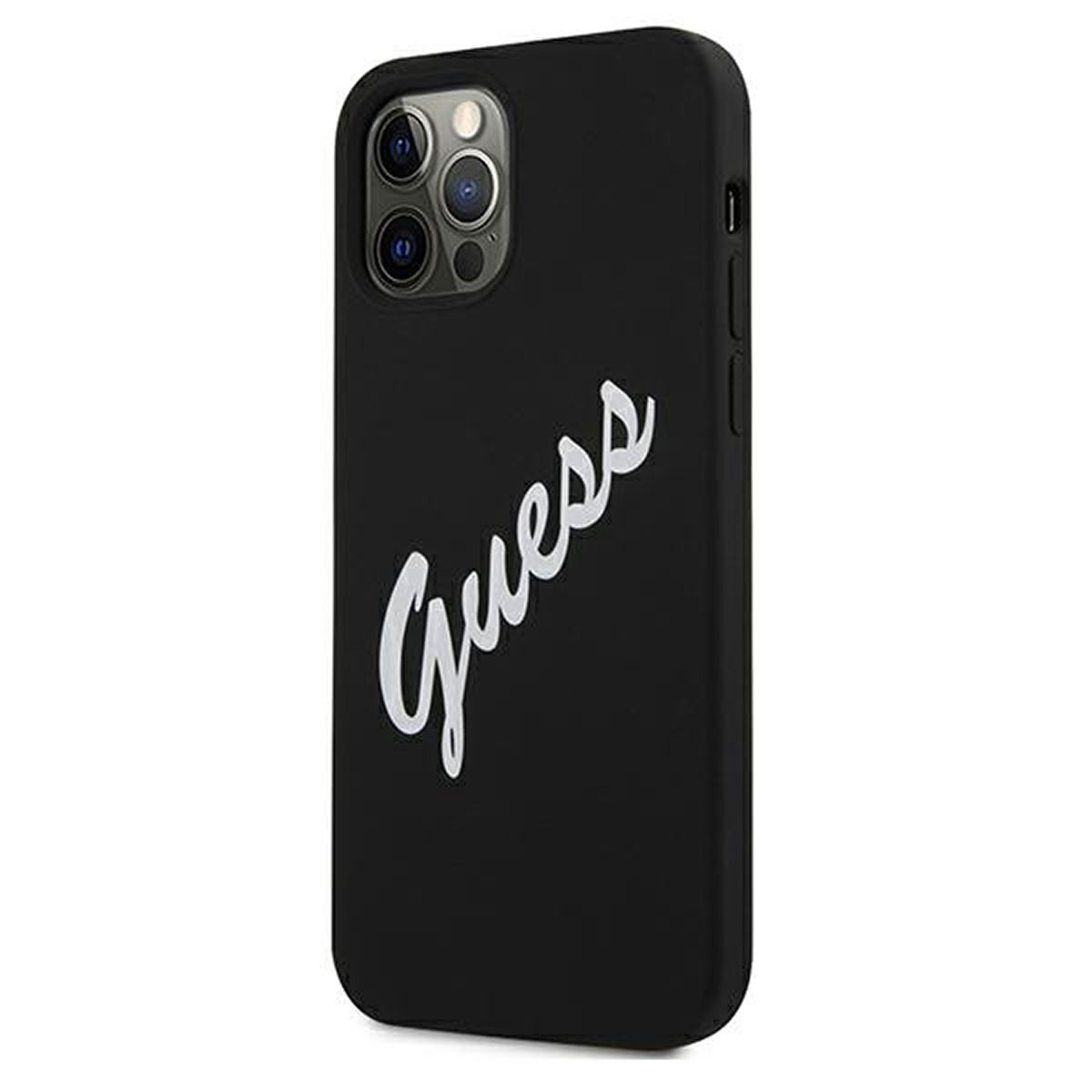 Schwarze Handyhülle mit weißem "Guess"-Logo und drei Kameralinsen.