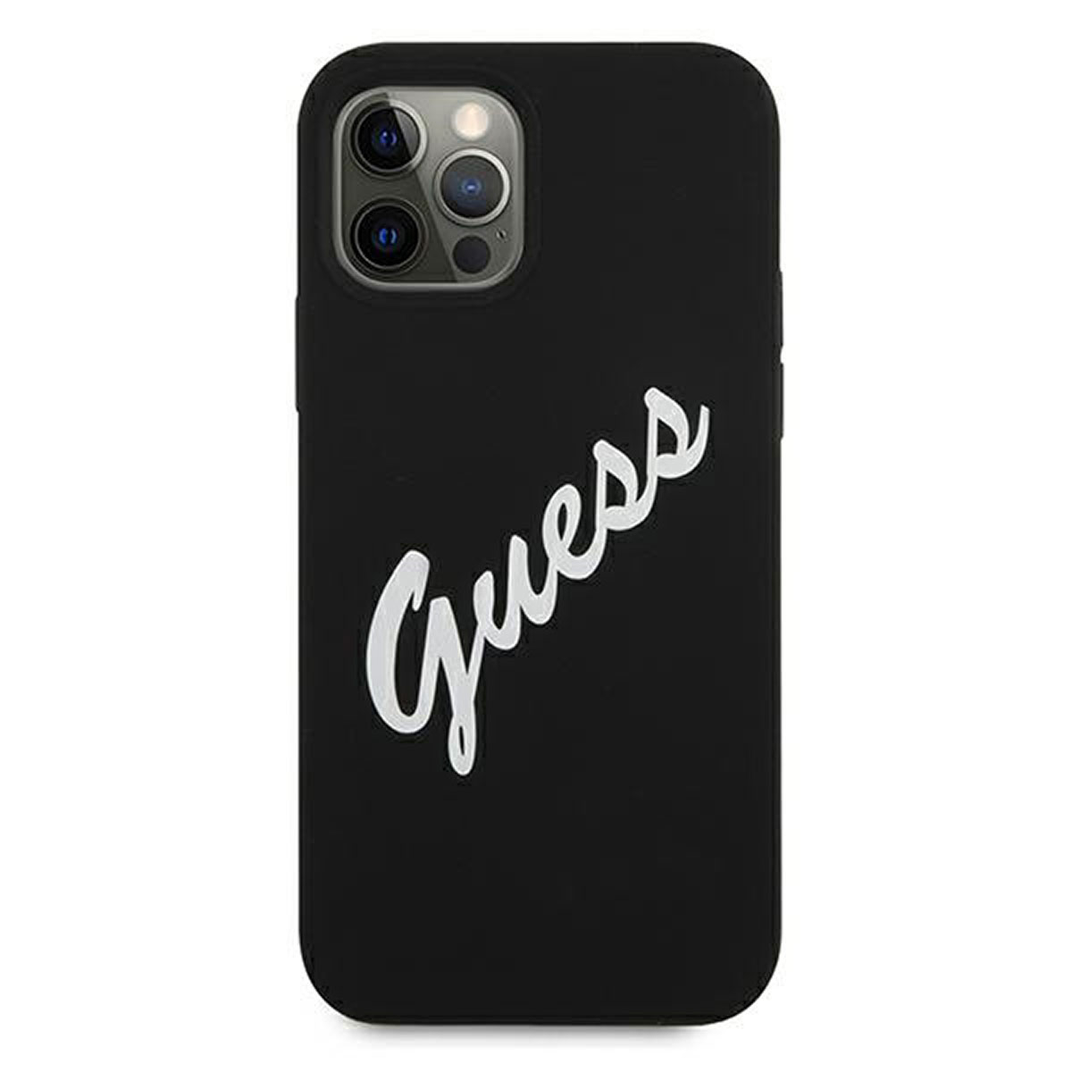 Schwarze Handyhülle mit weißem Guess-Logo. Die Hülle hat Öffnungen für die Kamera.