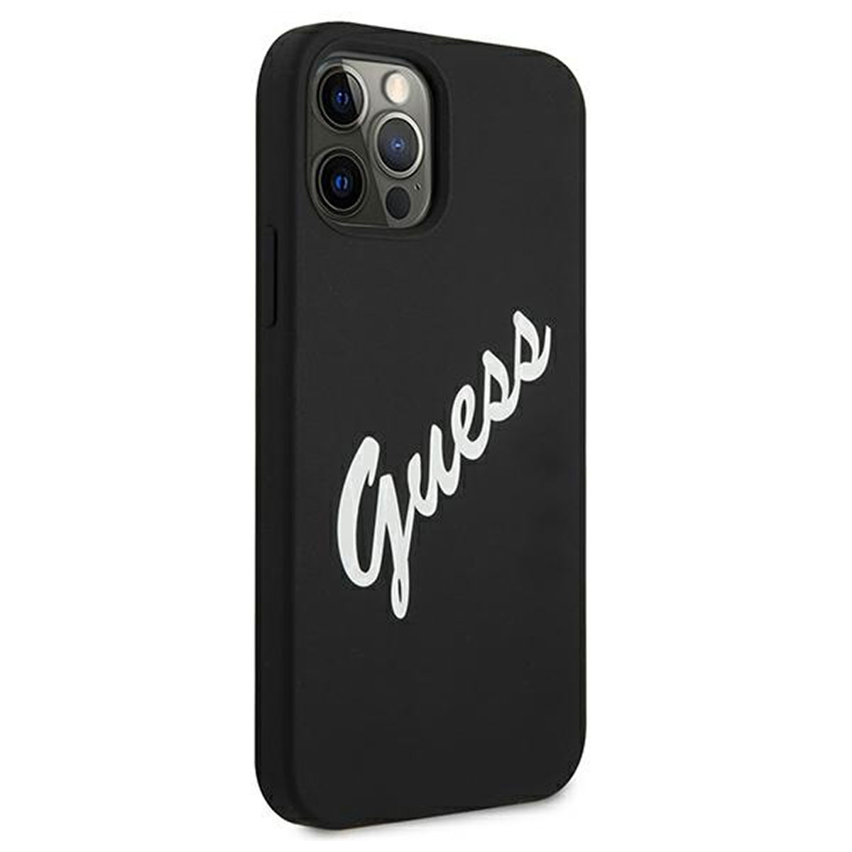 Schwarze Handyhülle mit dem 'Guess'-Logo in weißer Schreibschrift.
