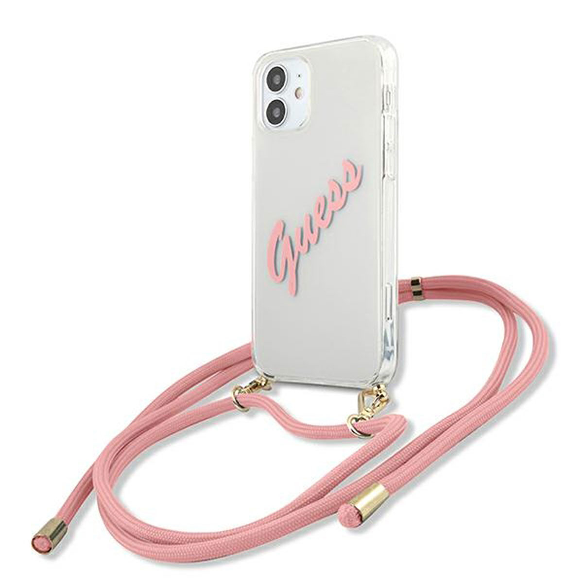 Transparente Handyhülle mit rosa Guess-Logo, rosa Kordel, Telefon auf Ständer.