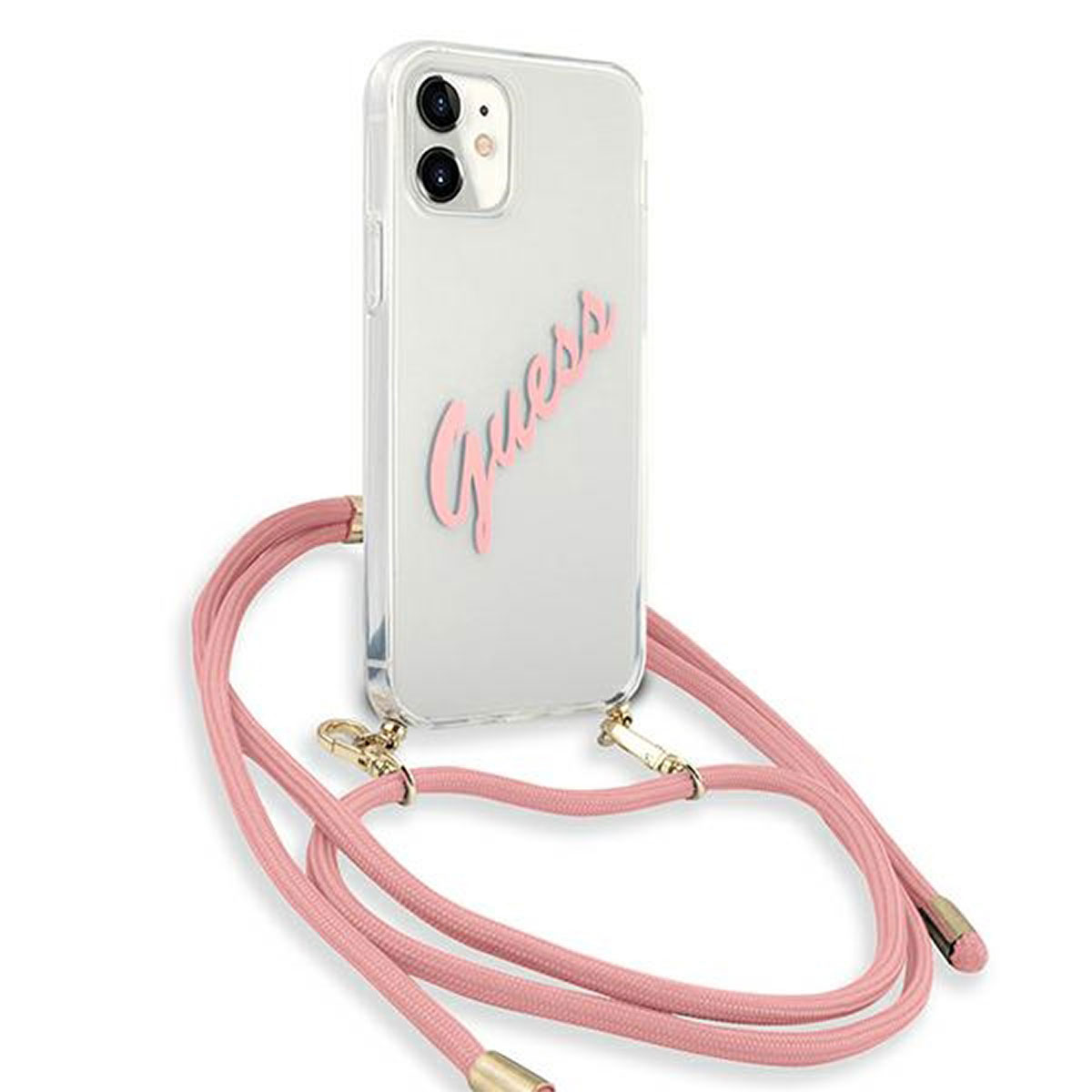 Transparente Handyhülle mit pinkfarbenem „Guess“-Text und pinkfarbenem Riemen. Weißer Hintergrund.