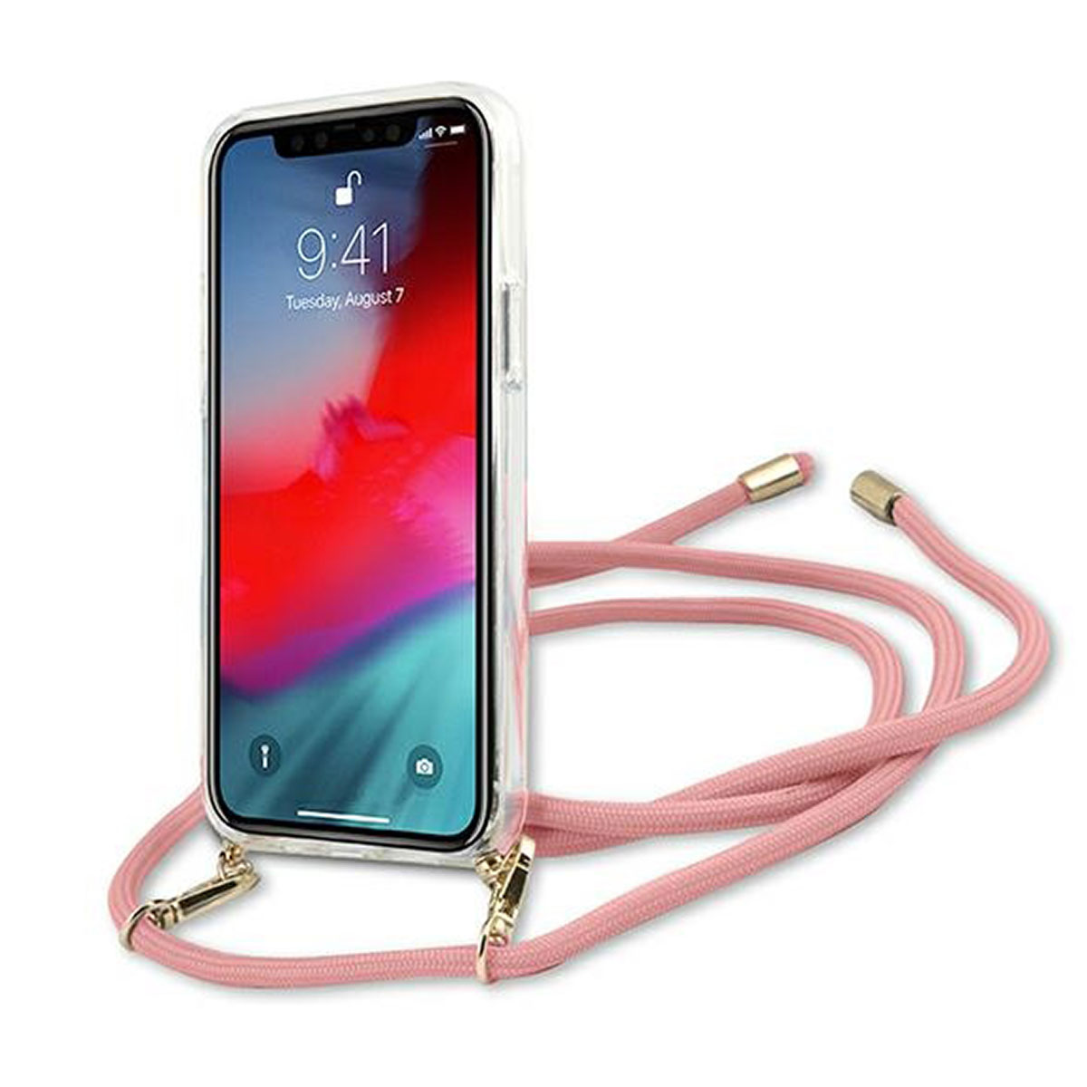 Ein Smartphone in einer transparenten Hülle mit einer rosa Kordel. Der Bildschirm zeigt den Homescreen.