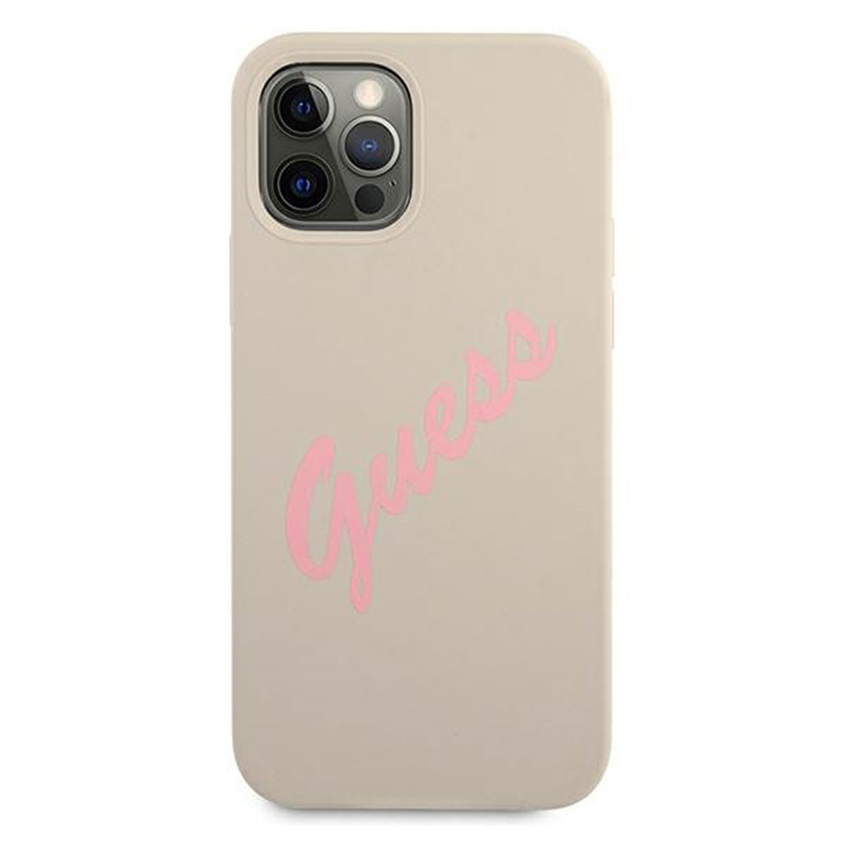 Eine Handyhülle mit dem Wort 'Guess' in Rosa auf hellbraunem Hintergrund.