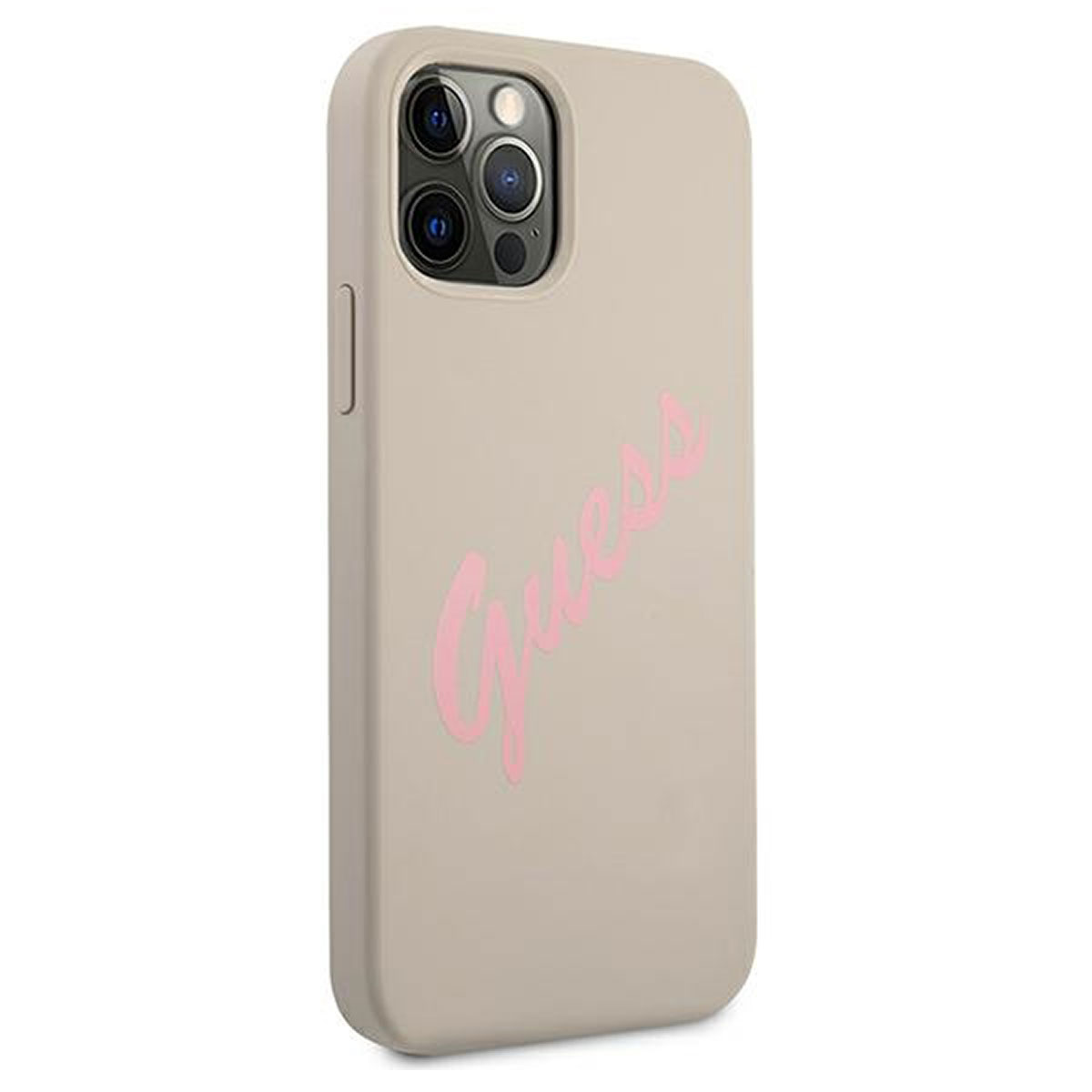 Beiges Telefoncase mit pinkfarbenem 'Guess'-Schriftzug. Schlankes, modernes Design im minimalistischen Stil.
