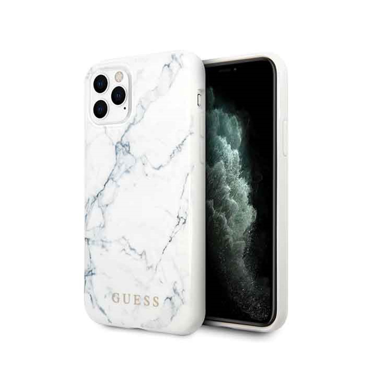 Handyhülle aus weißem Marmor mit dem Wort „Guess“ in Schwarz.