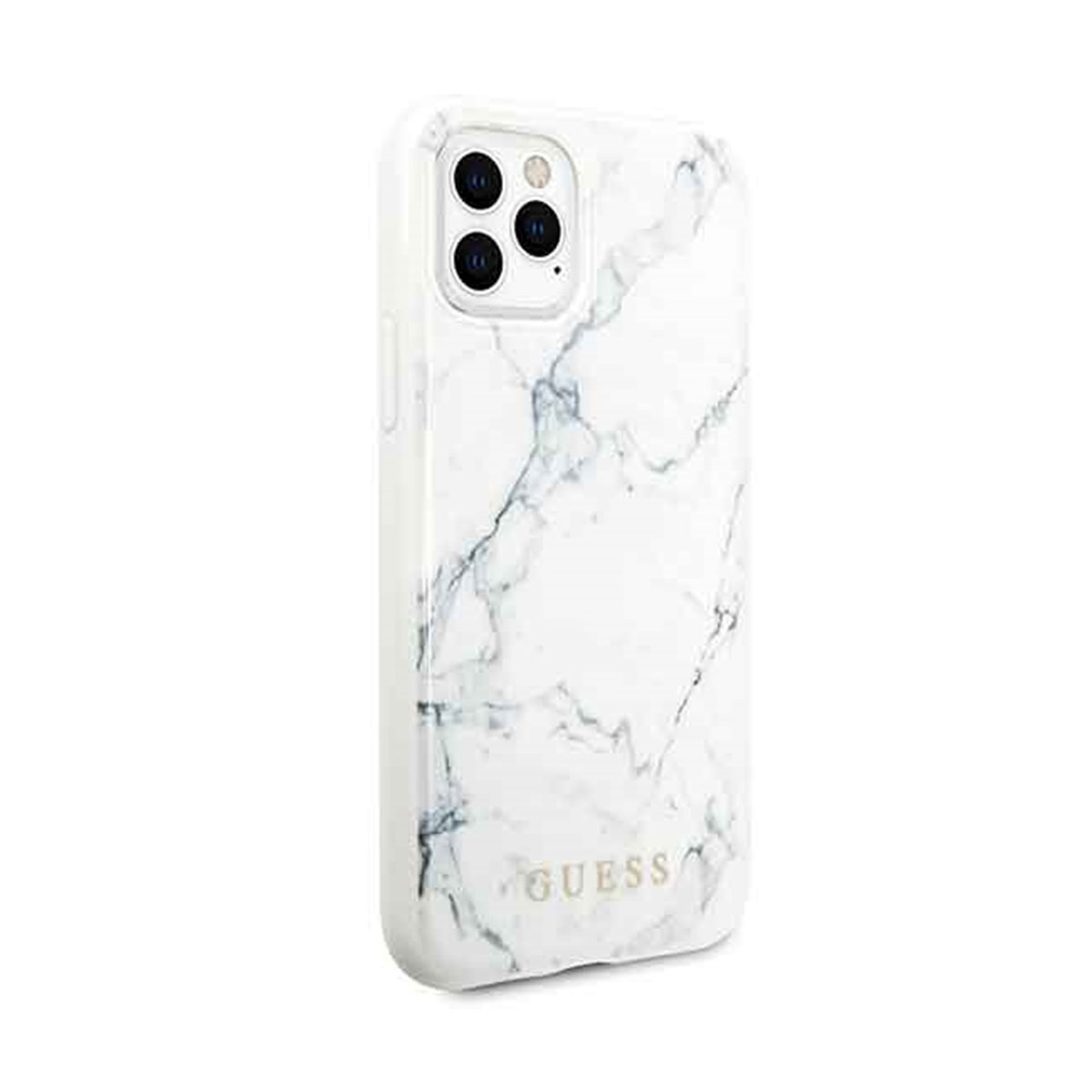 Weißes Handycase mit Marmormuster. Das Case ist für ein Smartphone, mit GUESS-Logo.