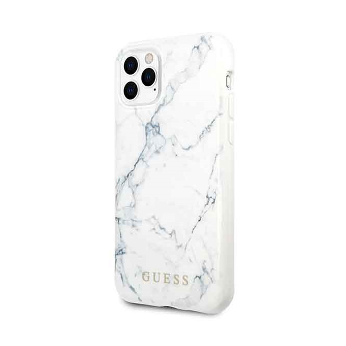 Weißes Handy-Case mit Marmor-Design. Das Case hat unten das Guess-Logo.