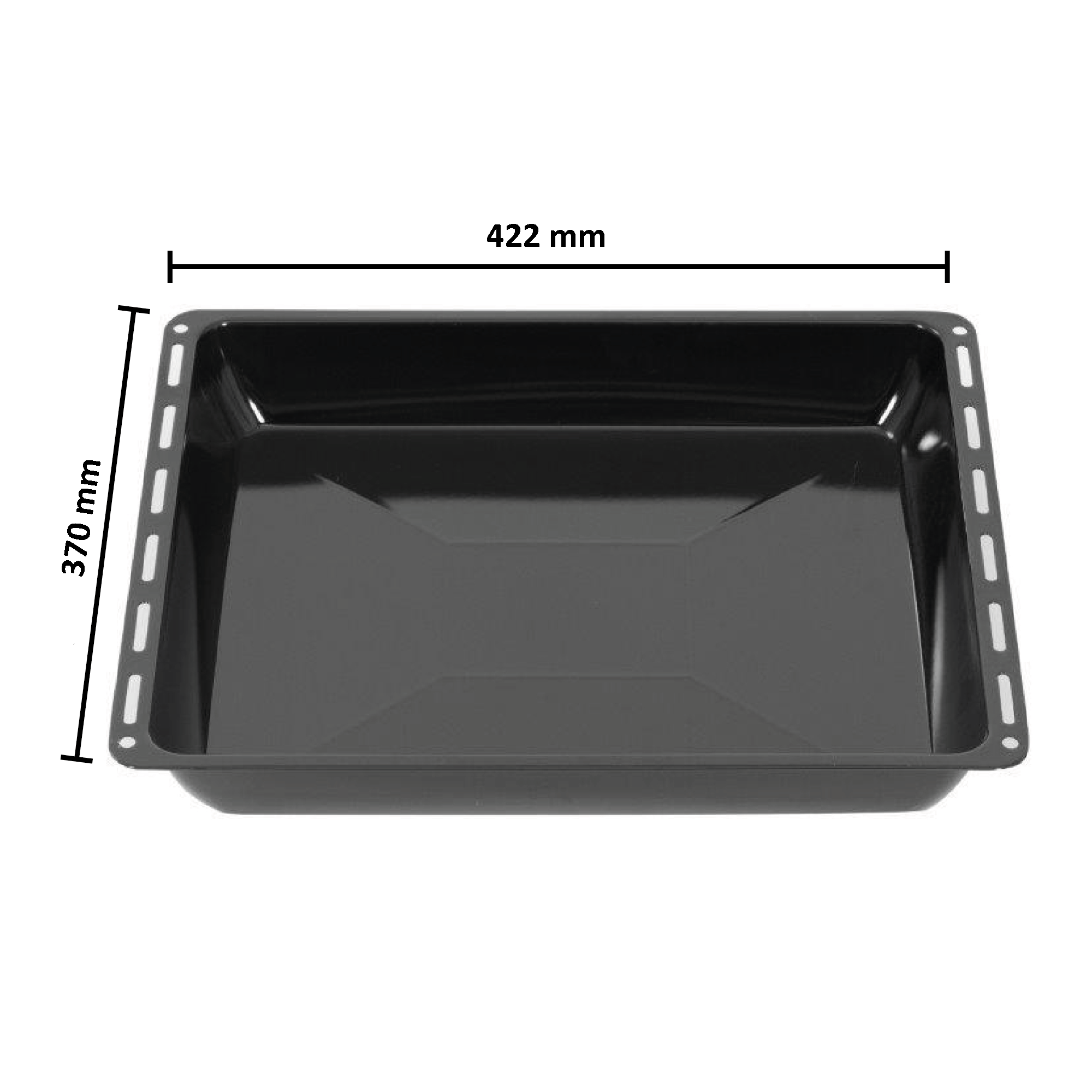 Schwarzes rechteckiges Backblech mit Maßen: 422mm x 370mm.