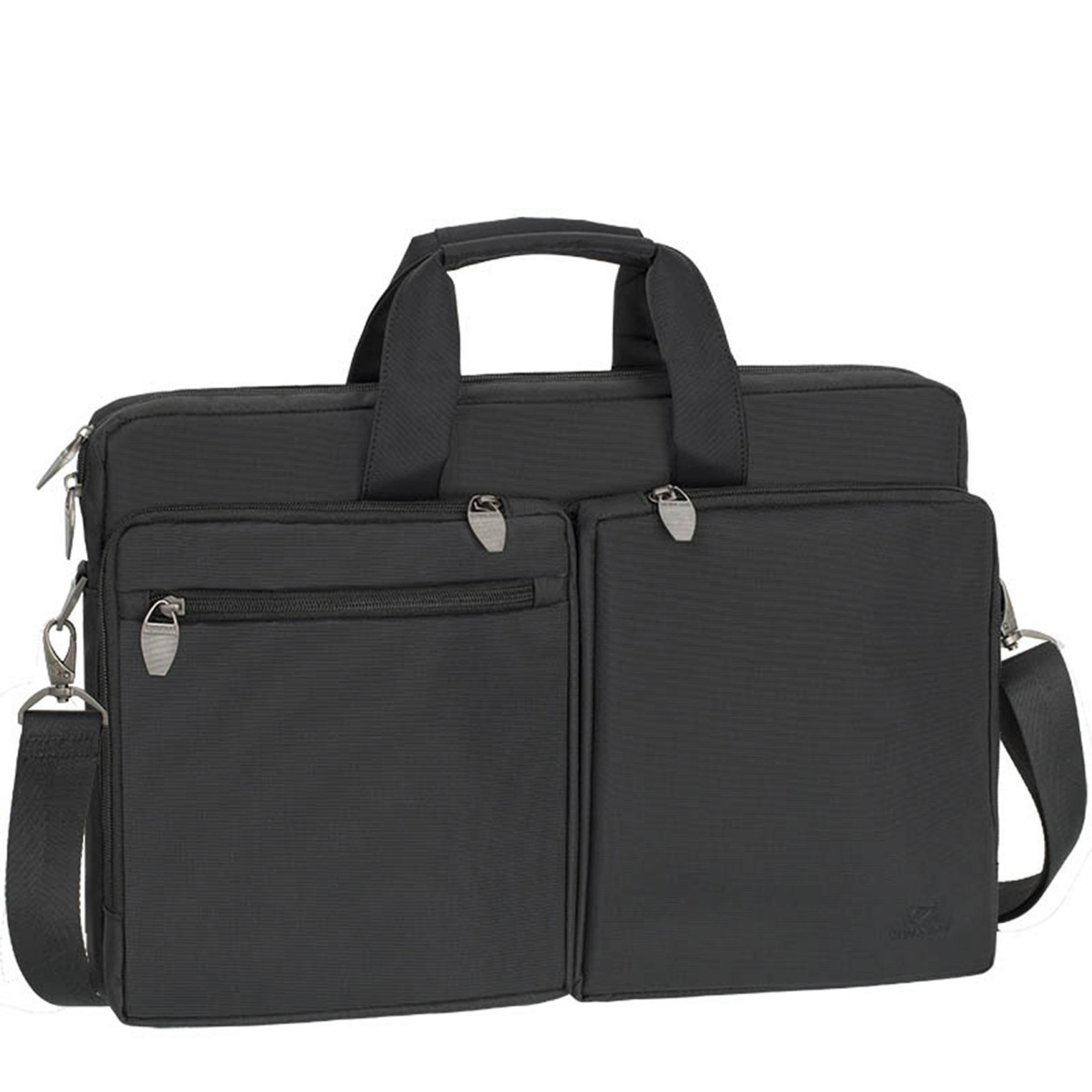 Una borsa per laptop nera con due tasche frontali e tracolla su sfondo bianco.
