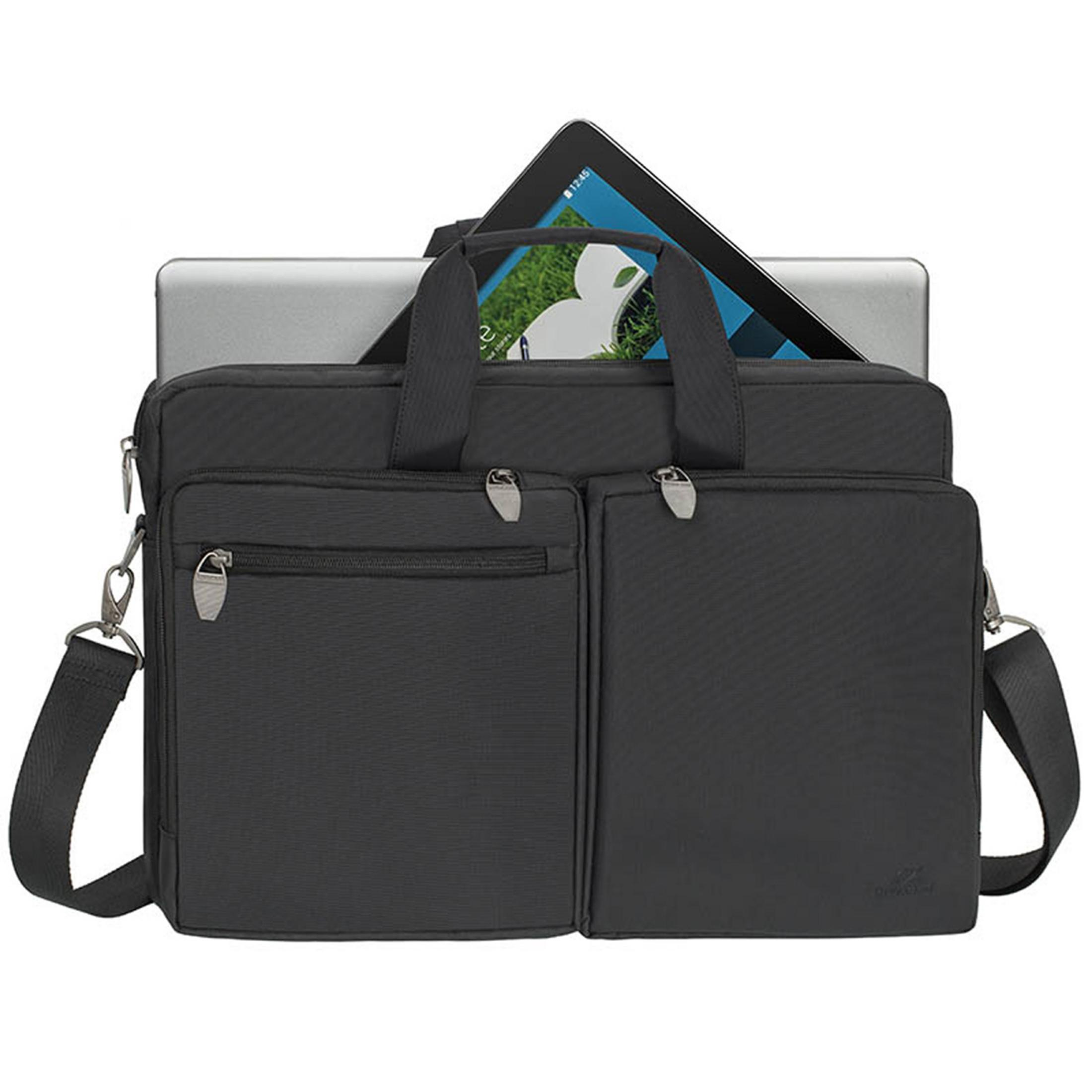 Borsa per laptop nera con laptop e tablet all'interno. Ha due tasche frontali e una tracolla.