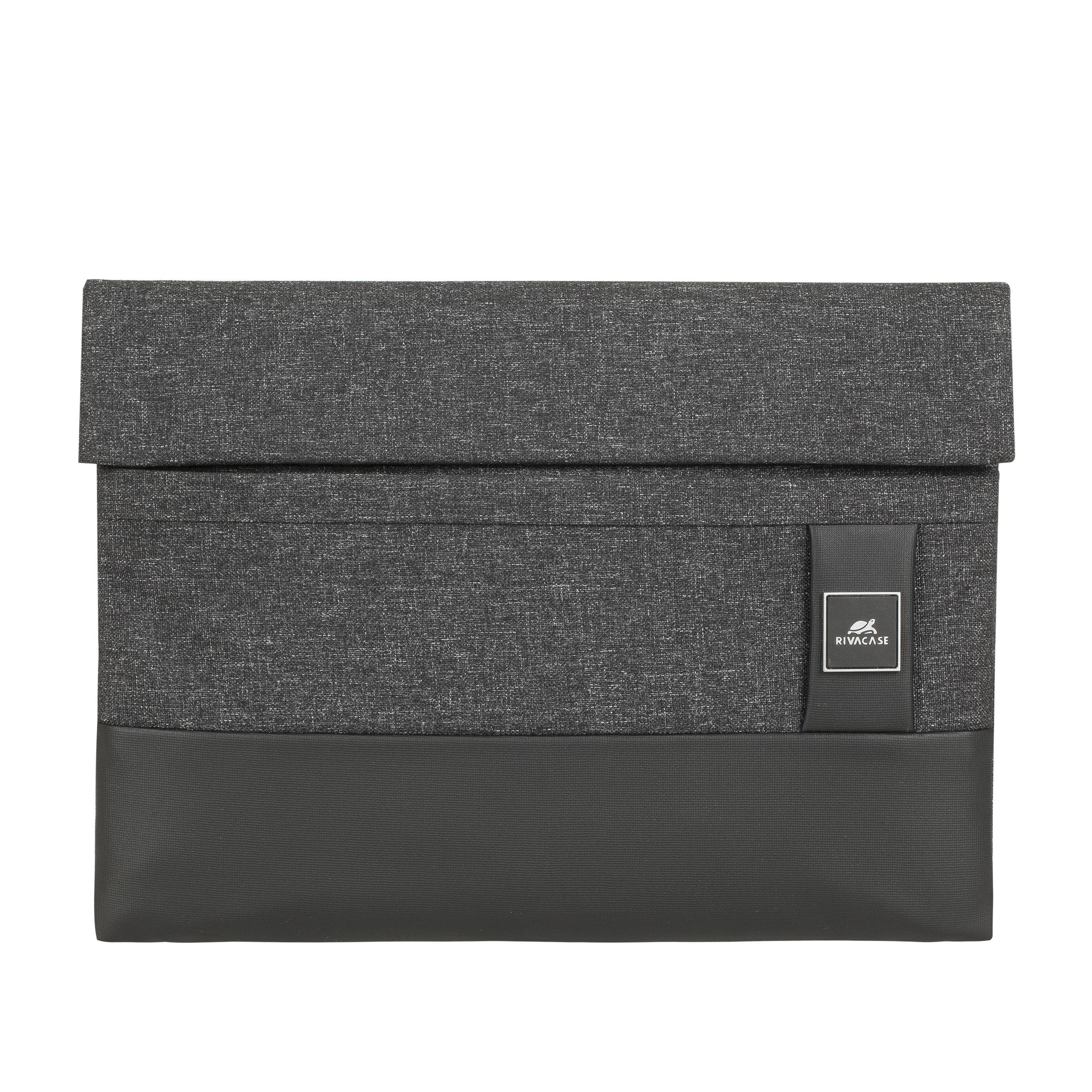 Custodia per laptop grigio scuro con patta grigia, striscia nera e sfondo bianco.