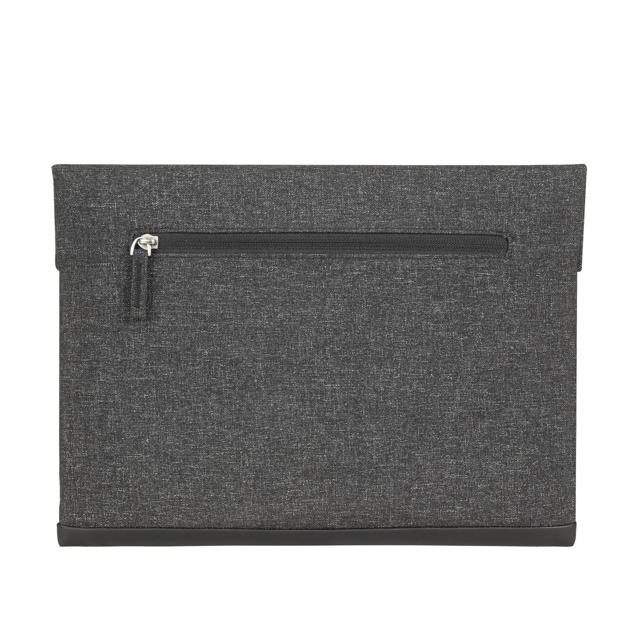 Custodia per laptop in tessuto grigio con cerniera e base nera. Cerniera argentata.