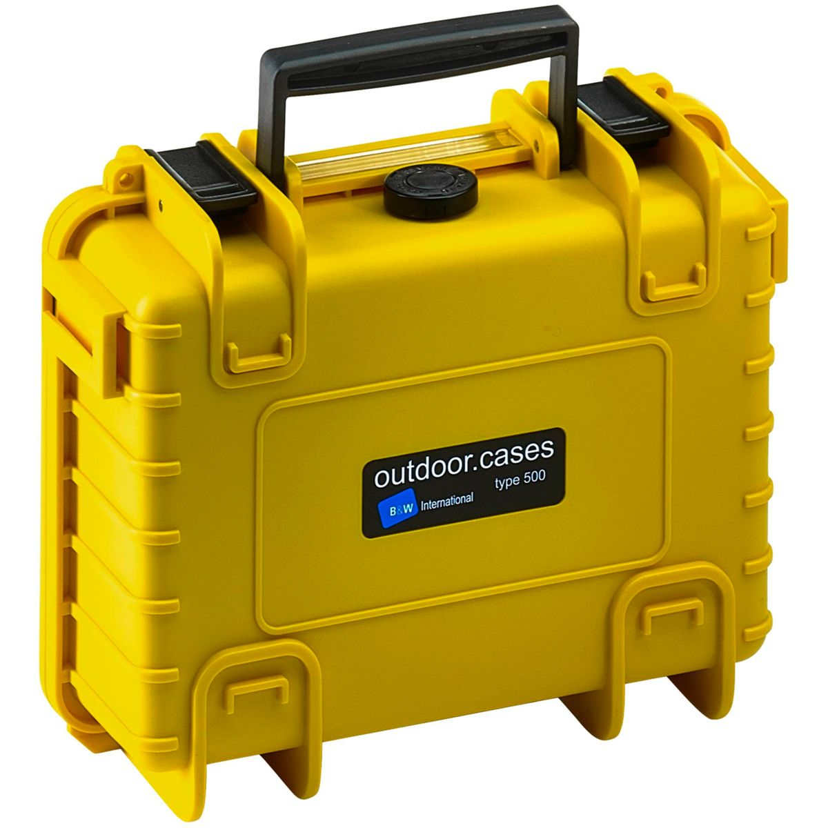 Gelber, rechteckiger Koffer mit Griff. Zeigt ein Logo mit der Aufschrift 'outdoor.cases'.