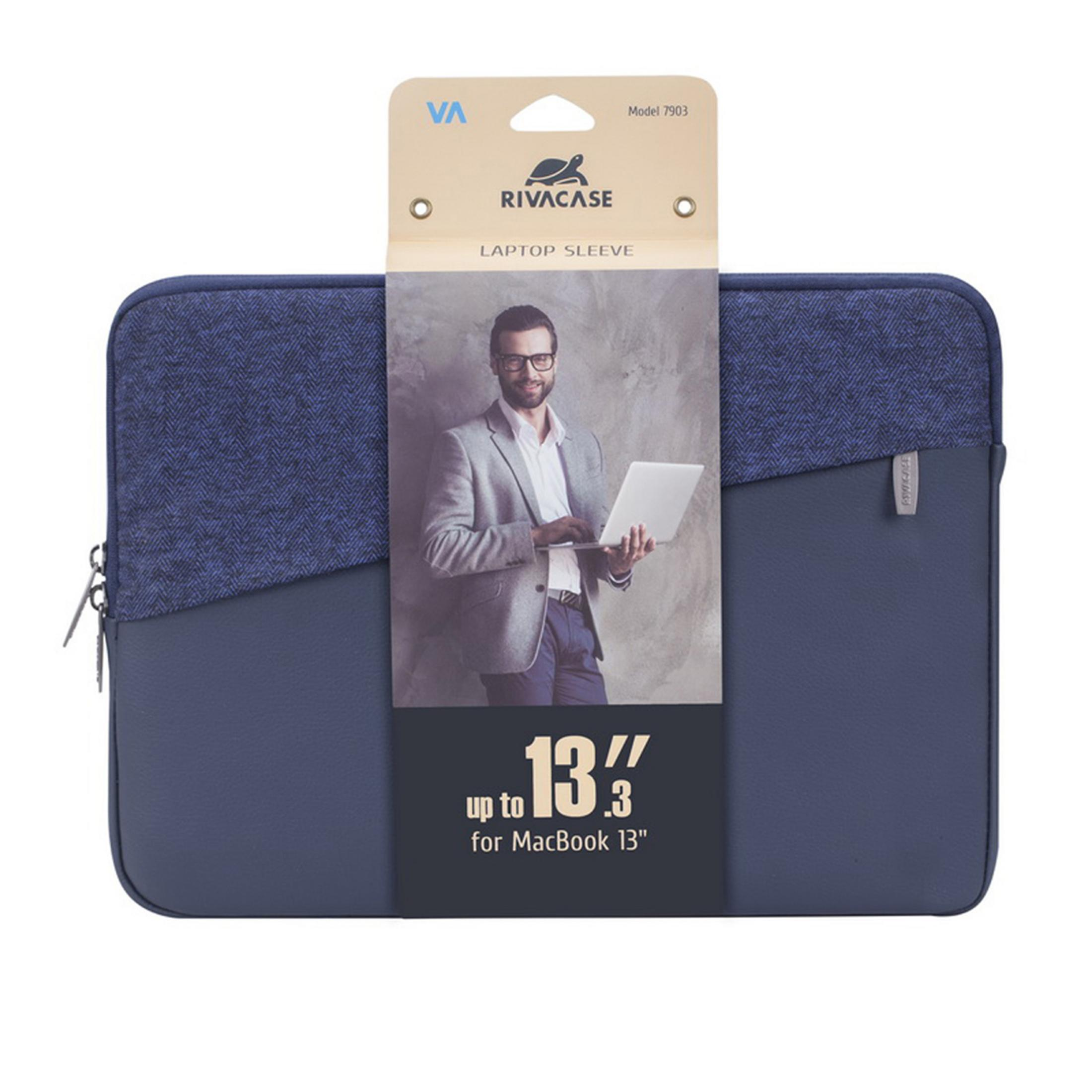 Custodia per laptop con foto di un uomo che tiene un laptop. La custodia è blu e ha una cerniera.