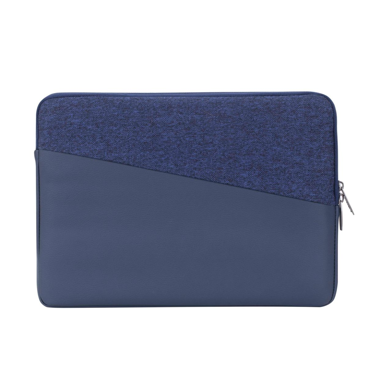 Eine marineblaue und dunkelblaue Laptoptasche mit Reißverschluss.