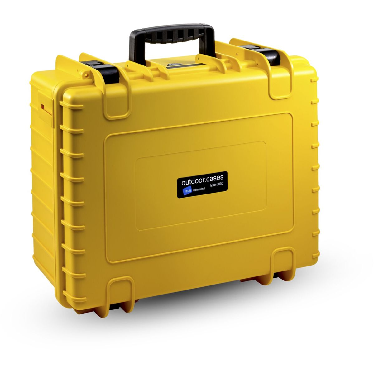 Gelber, rechteckiger Outdoor-Koffer mit schwarzem Griff und Verschlüssen. 'outdoor.cases'-Logo sichtbar.