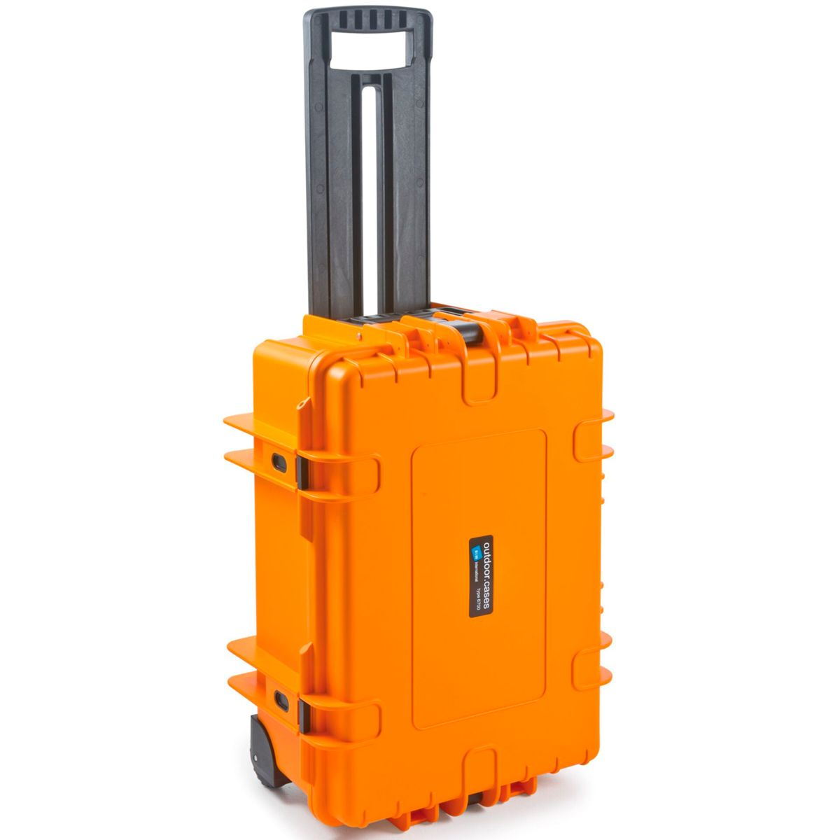 Oranger Rollkoffer mit schwarzem Griff.