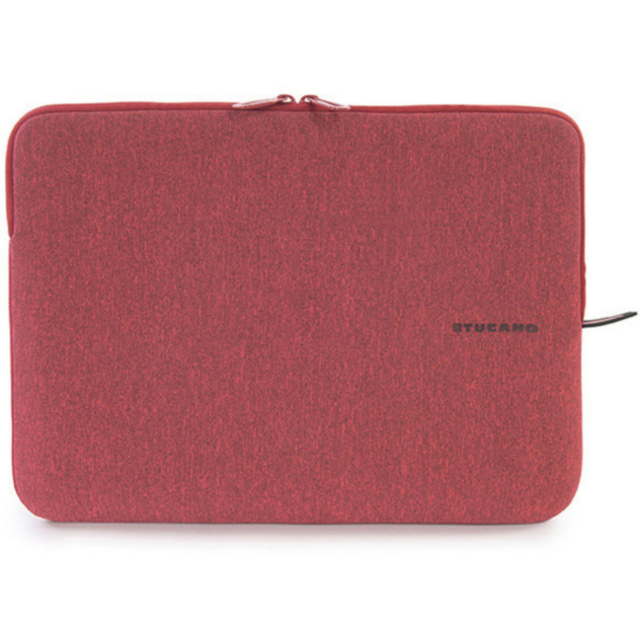 Rote Laptoptasche mit Reißverschluss und der Marke 'Tucano' in Schwarz auf weißem Hintergrund.