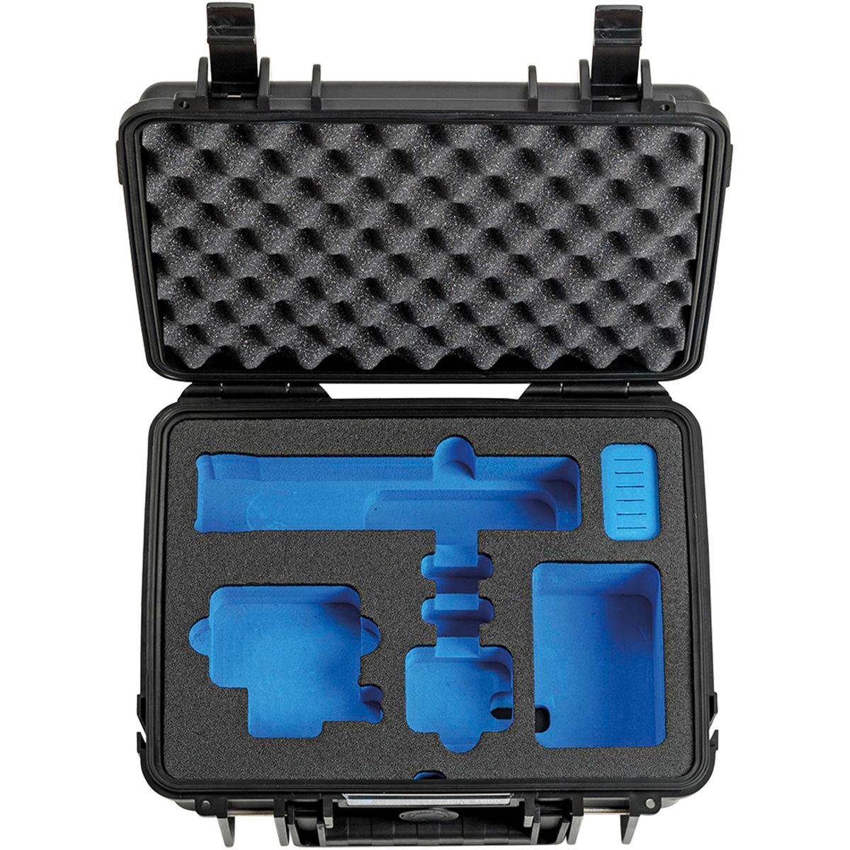 Schwarzer Koffer, offen, mit blauen Schaumstoffaussparungen für Geräte. Schwarzer Deckel und blaues Innere.