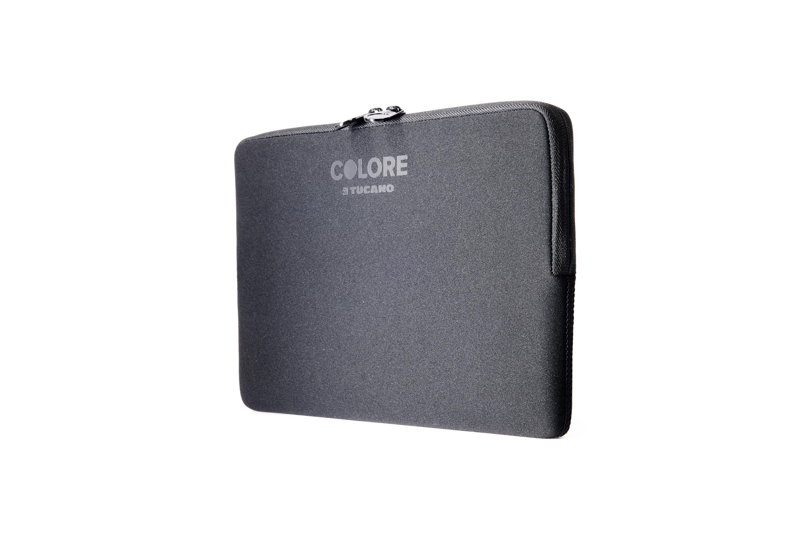 Graue Laptop-Hülle mit dem Namen „COLORE“ und der Marke „TUCANO“ in Weiß.