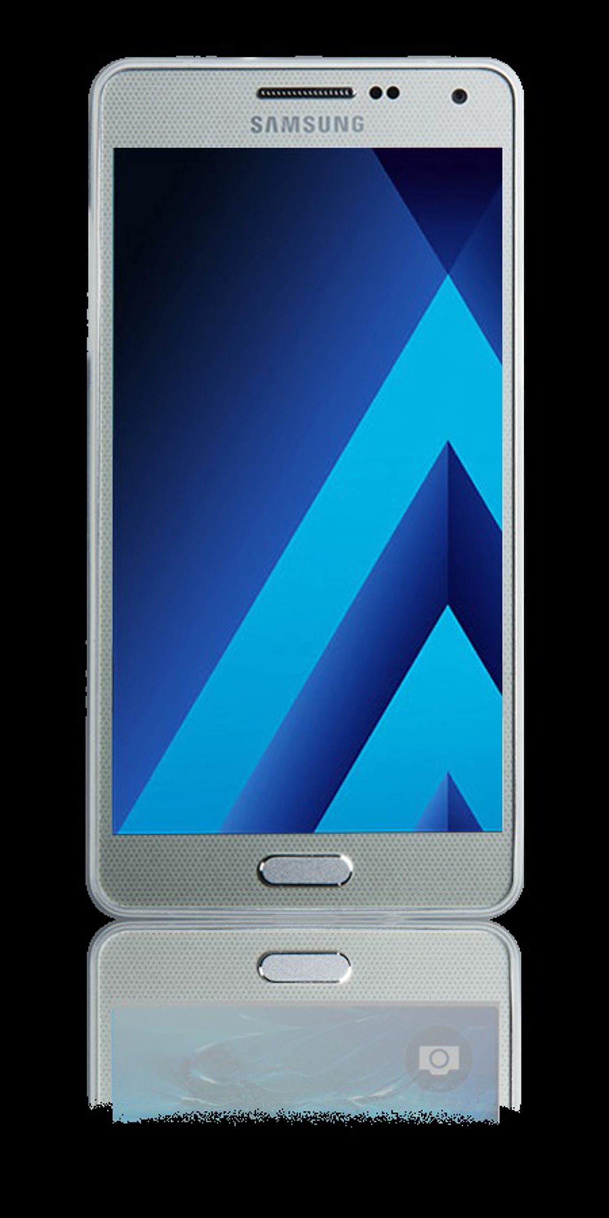 Silbernes Samsung-Handy mit blauem Bildschirm, schwarzer Hintergrund. Reflektiertes Bild unten.