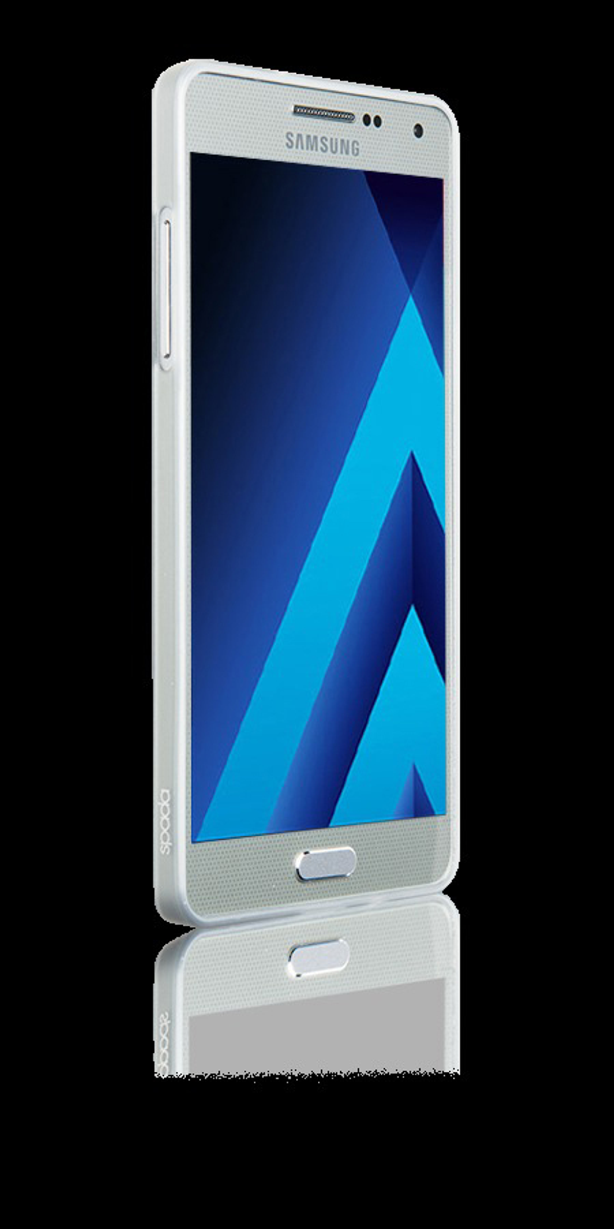Silbernes Samsung-Handy mit blau gemustertem Bildschirm. Eine Spiegelung des Handys ist darunter sichtbar.