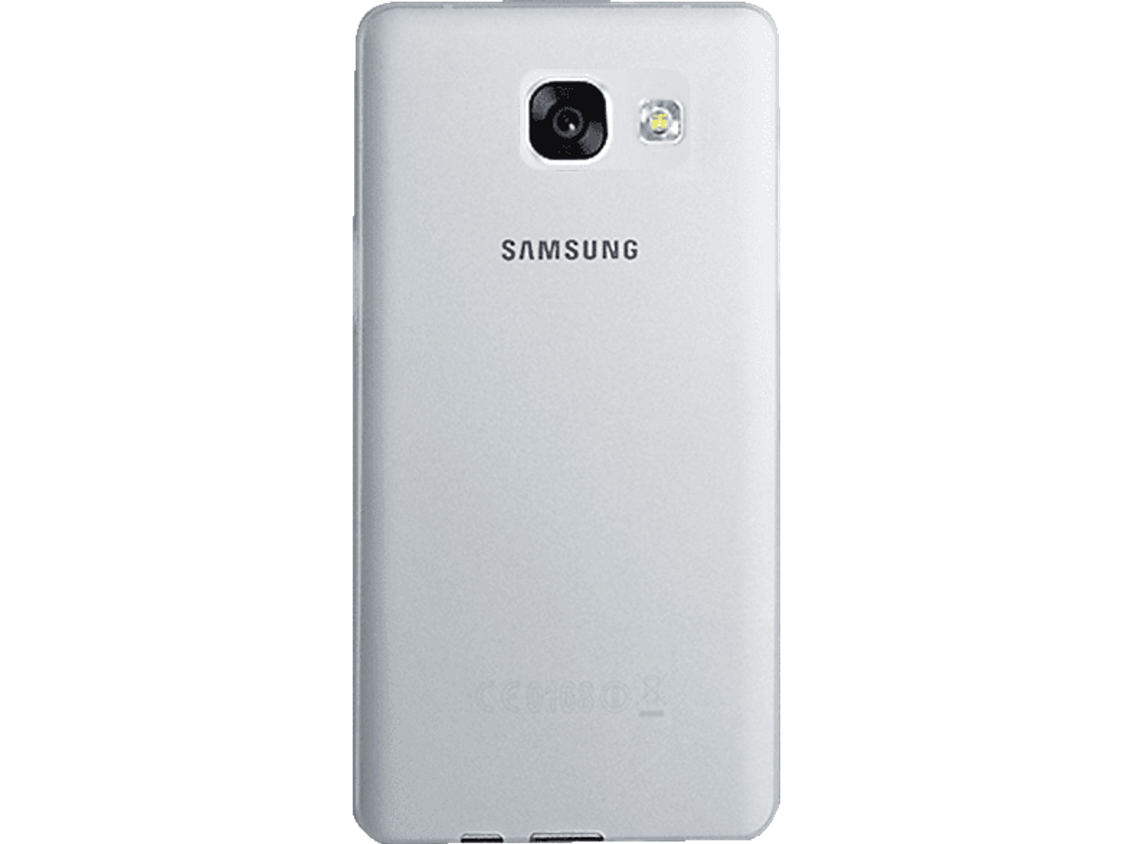 Rückseite eines weißen Samsung-Telefons mit Kamera und Blitz. Das Samsung-Logo ist sichtbar.