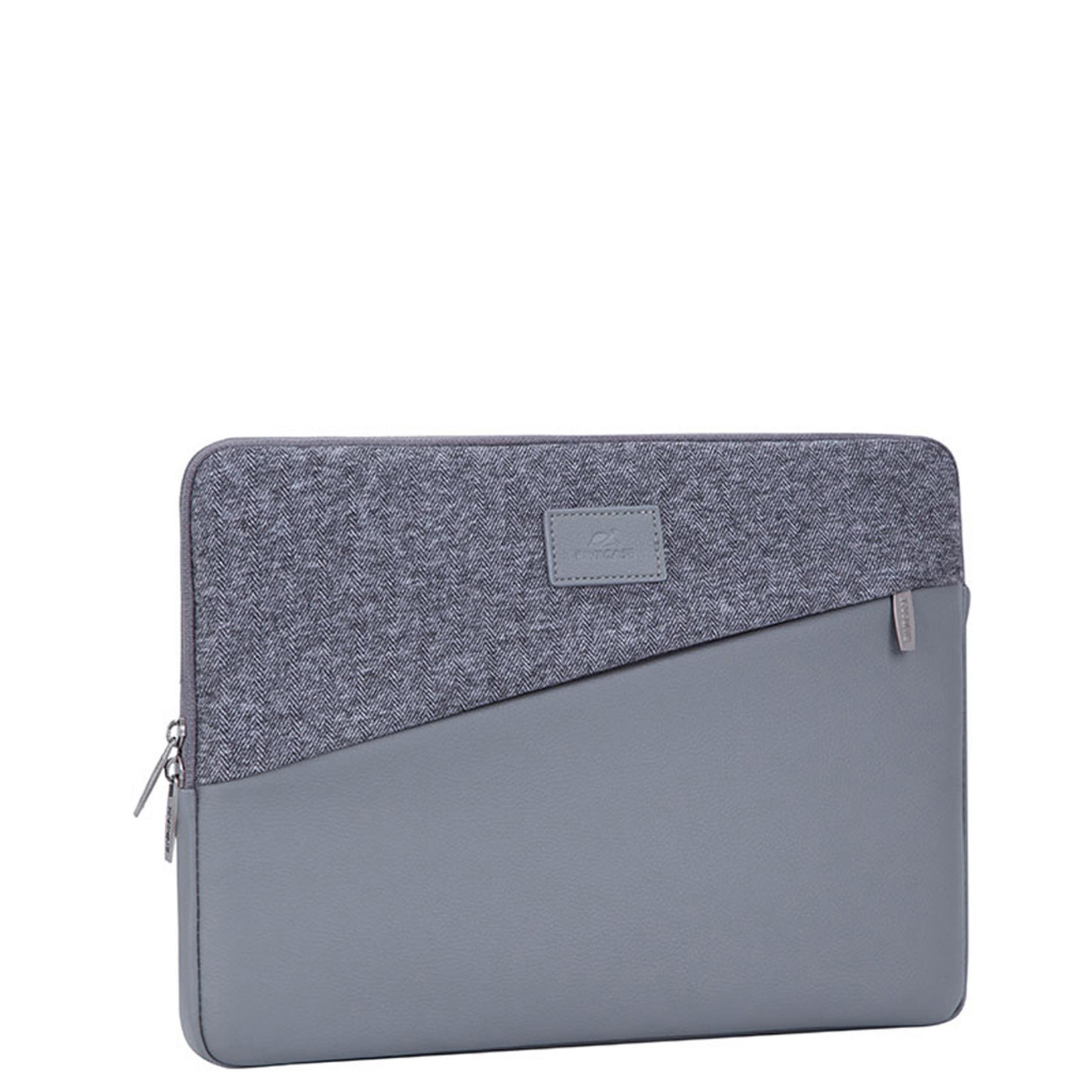 Custodia per laptop grigia e grigio scuro con cerniera.