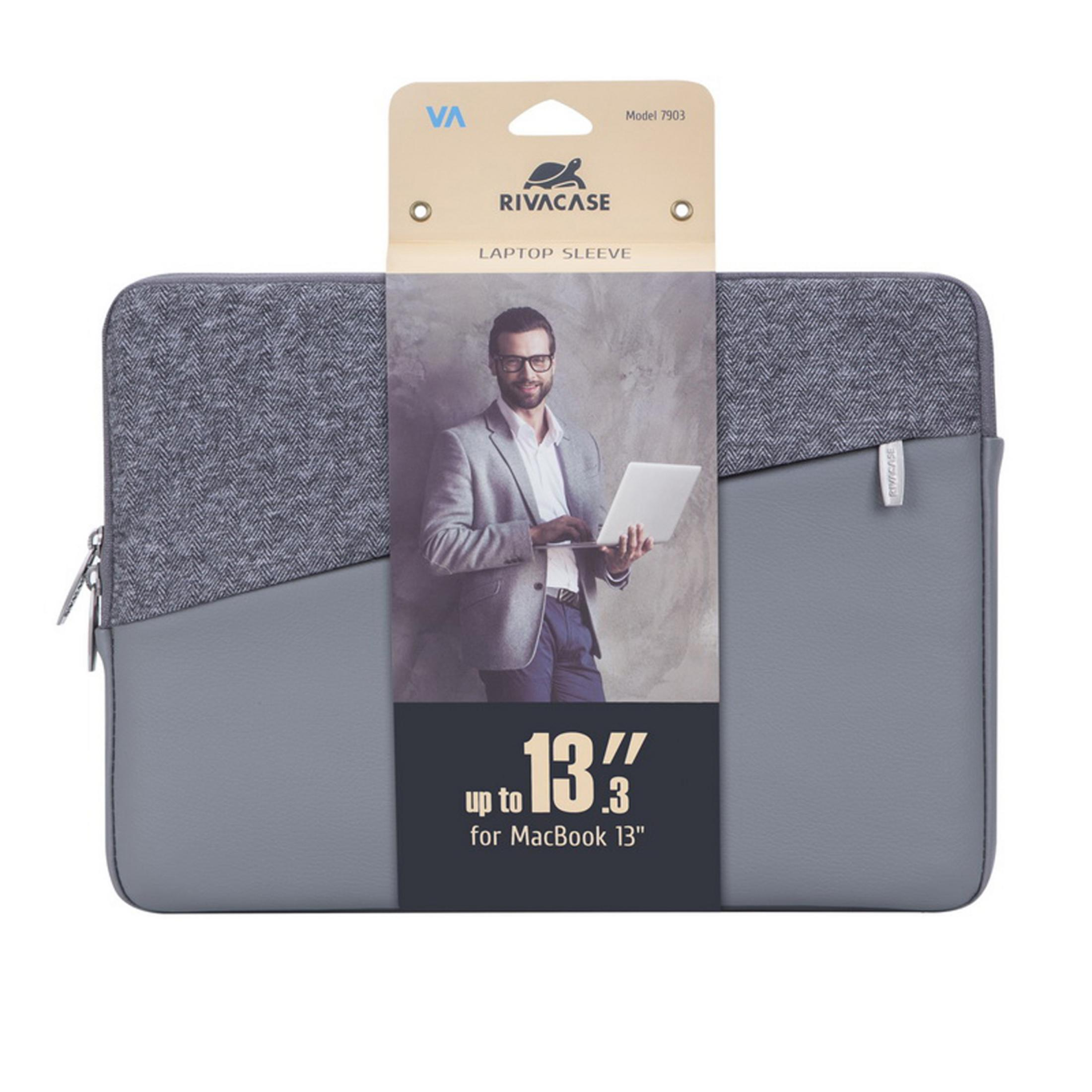 Custodia per laptop con un uomo che tiene un laptop. La custodia è grigia e ha una cerniera.