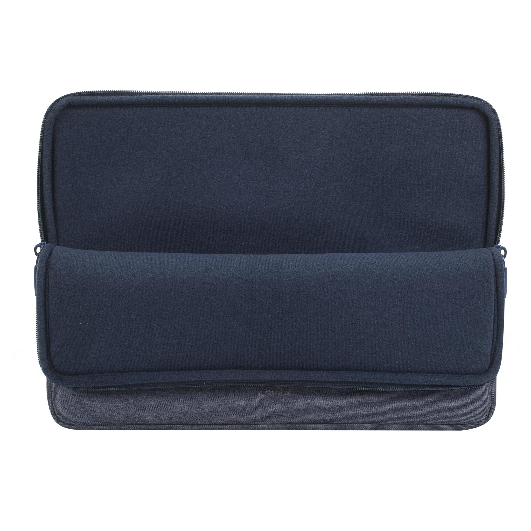 Une housse d'ordinateur portable bleue, ouverte pour révéler un intérieur bleu foncé. Le bas est gris.
