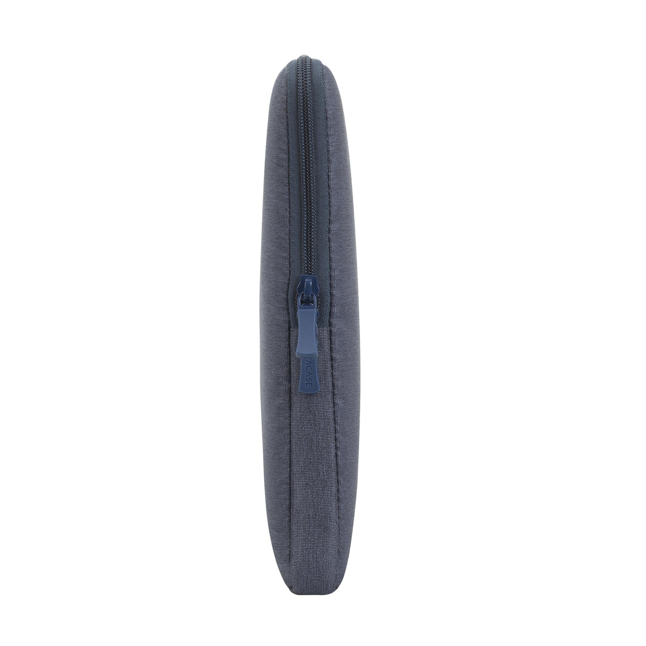Une housse grise pour ordinateur portable avec une fermeture éclair bleu foncé au milieu.
