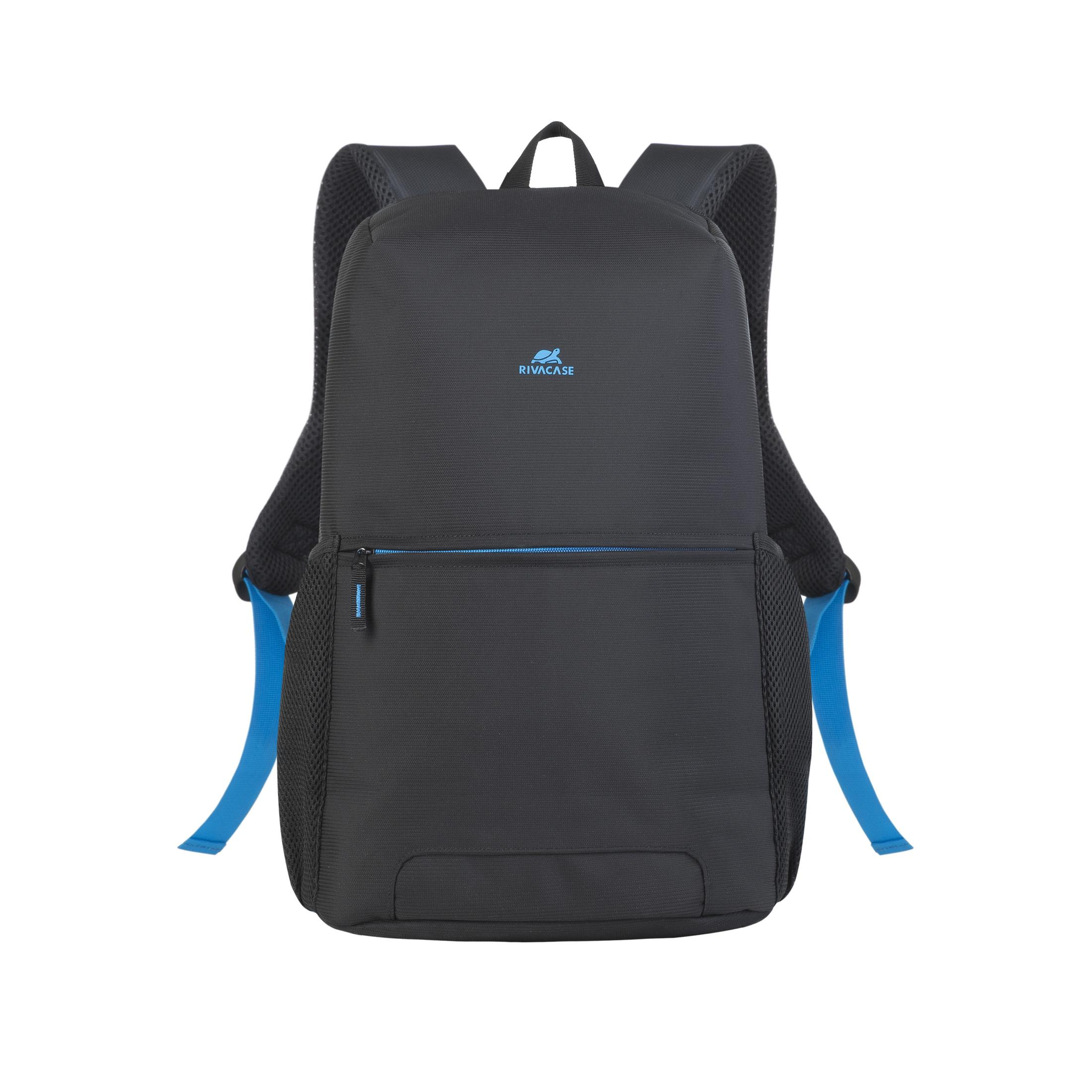 Zaino nero con cinghie blu, la parola "RIVACASE" è visibile.