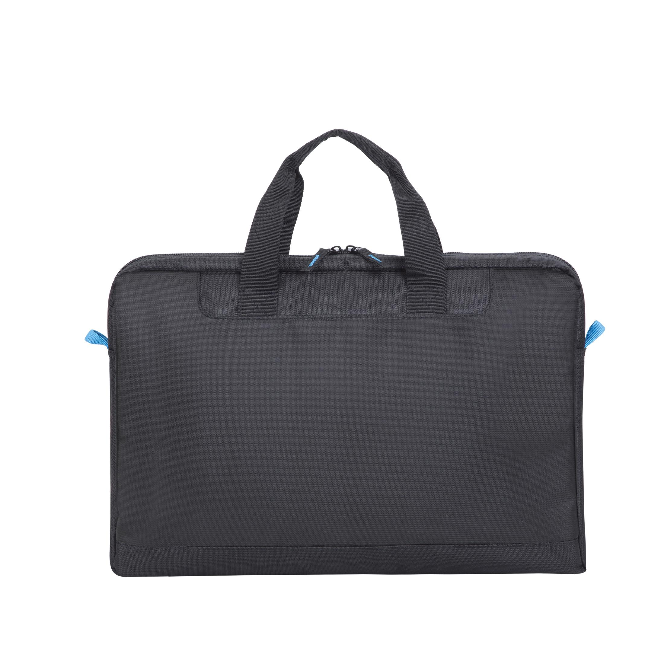 Borsa per laptop nera con manici e cerniera blu. Sfondo bianco.