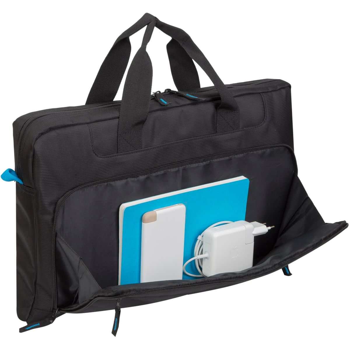 Borsa per laptop nera con un quaderno blu, un tablet bianco e un caricatore all'interno. La borsa è aperta.