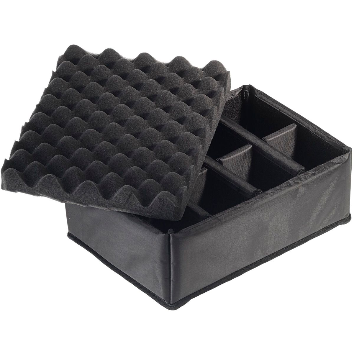 Schwarzer Koffer mit Schaumstoffeinlagen, offen, zeigt Fächer.