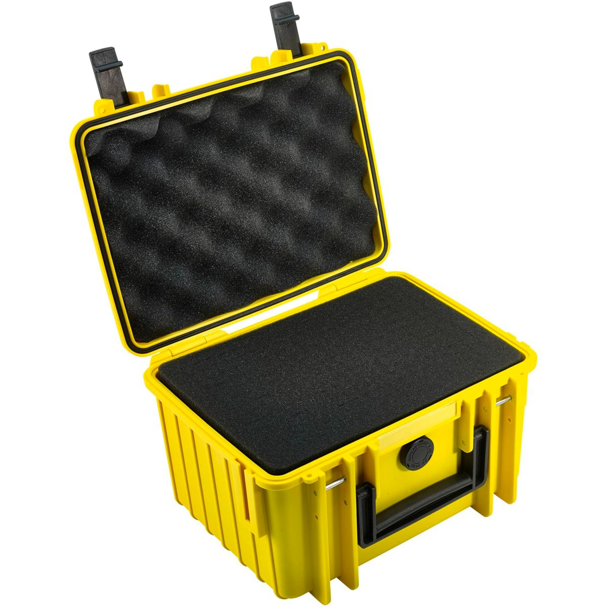 Gelber, offener Outdoor-Koffer mit schwarzer Schaumstoffpolsterung. Schwarzer Griff.